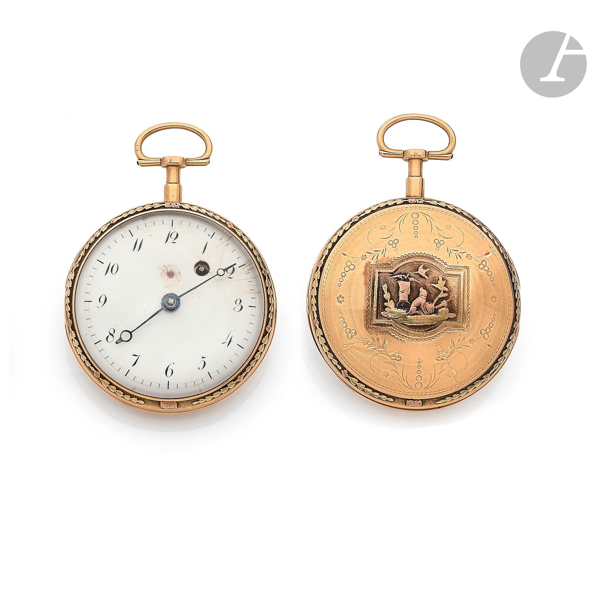 LEPECHON à ST BRIEUX. Vers 1790

Montre de poche en or 18K (750), cadran émail blanc (accidents), index chiffres arabes formant les heures, mouvement à coq, boîtier gravé d’une scène animalière. Mouvement signé. Diamètre : 47 mm. Poids brut : 79,6 g