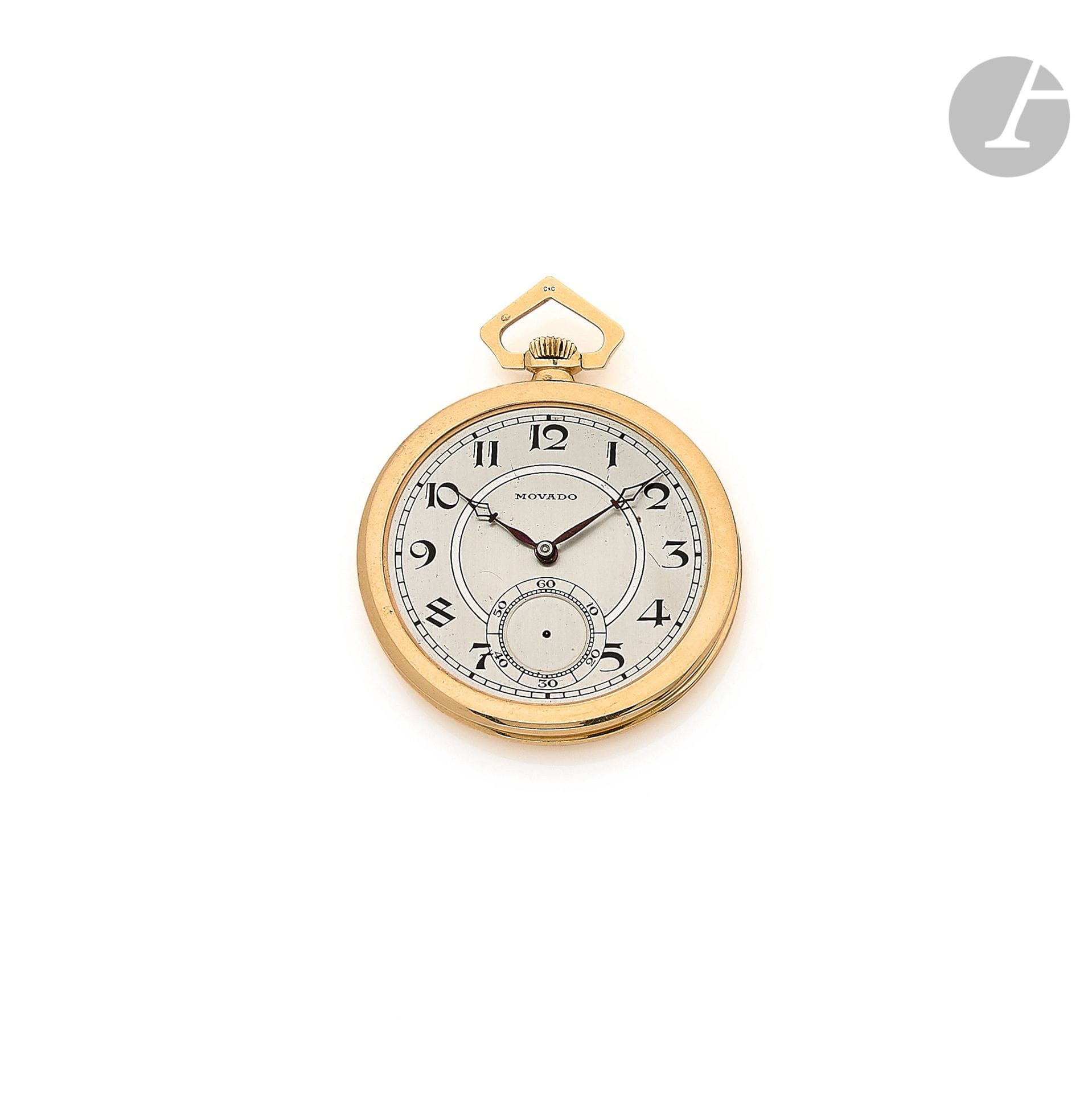 MOVADO. About 1930

N° 628769

18K (750) gold pocket watch, painted dial, Arabic numeral hour markers (second hand and glass missing), winding movement (works), smooth case. Dial, case and movement signed. Diameter : 46 mm. Gross weight : 49,7 g