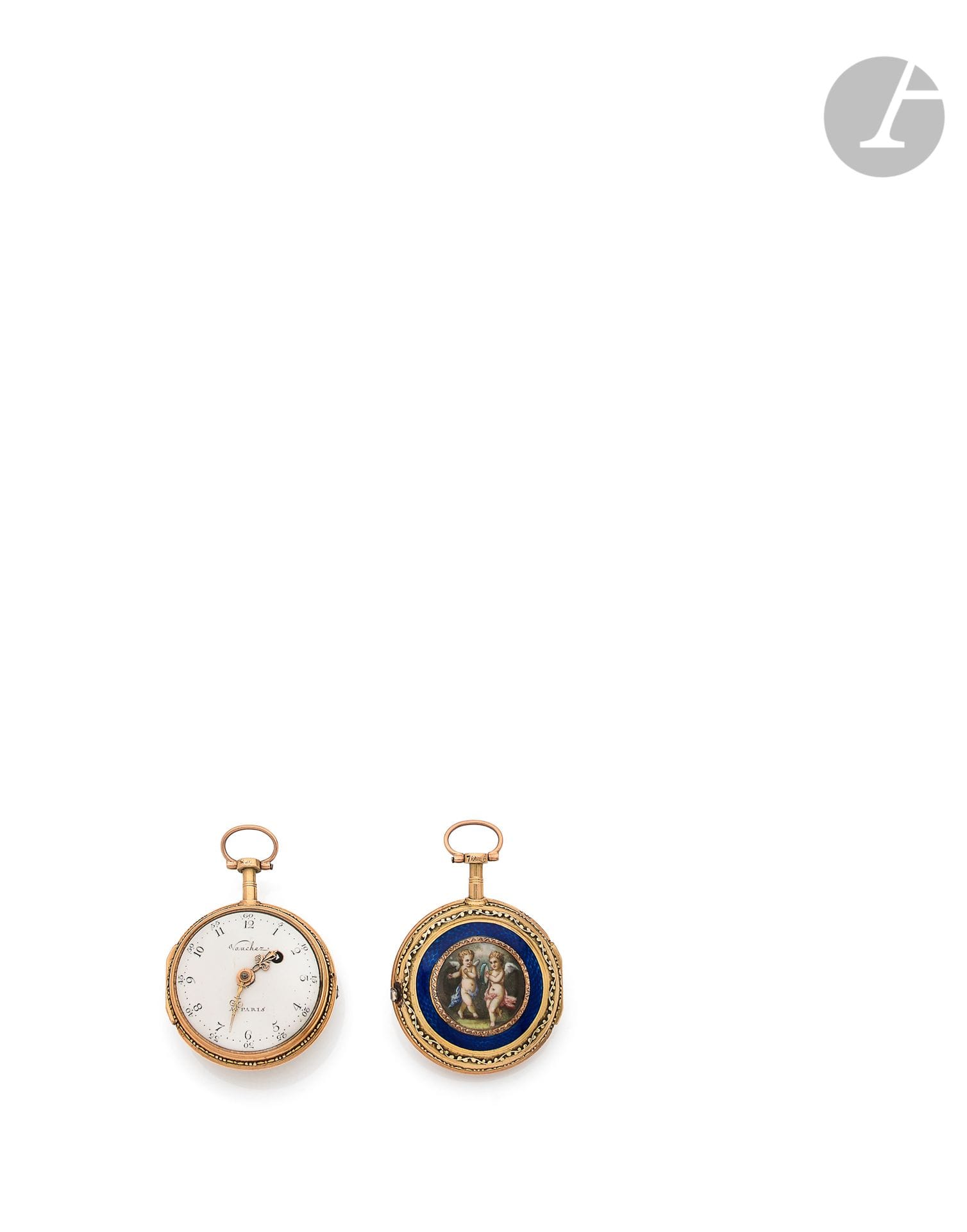 VAUCHEZ à Paris. Vers 1790

Montre de poche en or 18K (750), cadran émail blanc, index chiffres arabes formant les heures, mouvement à coq, boîtier orné d’une miniature représentant deux angelots.

Diamètre : 40 mm. Poids brut : 48,8 g1 200