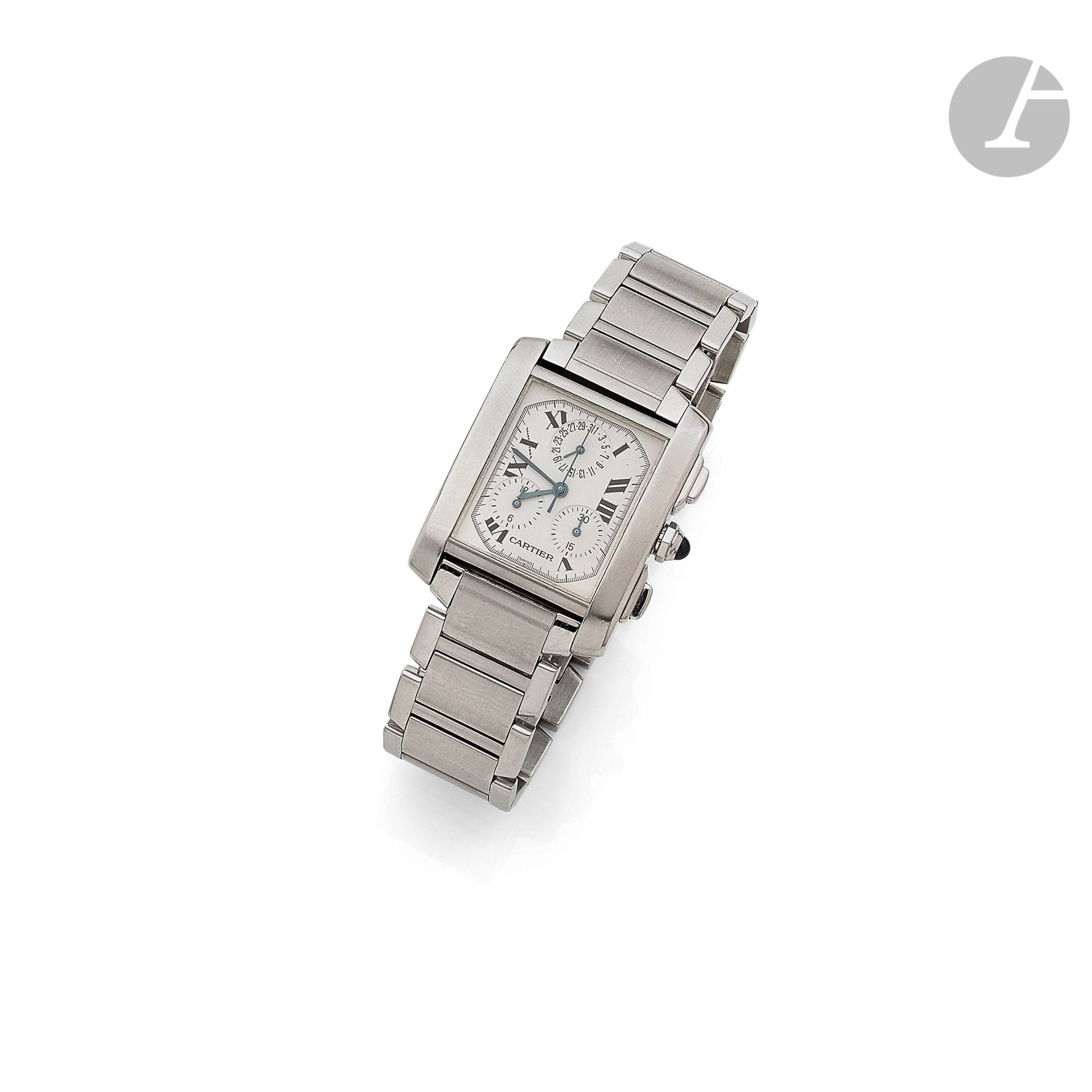 CARTIER French tank. Circa 2000

NO. BB 17863

Men's stainless steel chronograph wristwatch, white dial, Roman numeral hour markers, 30-minute and 12-hour totalizers, date at noon, quartz movement (works), stainless steel bracelet with signed folding clasp. Dial, case and movement signed. Dimensions: 29 mm x 36 mm