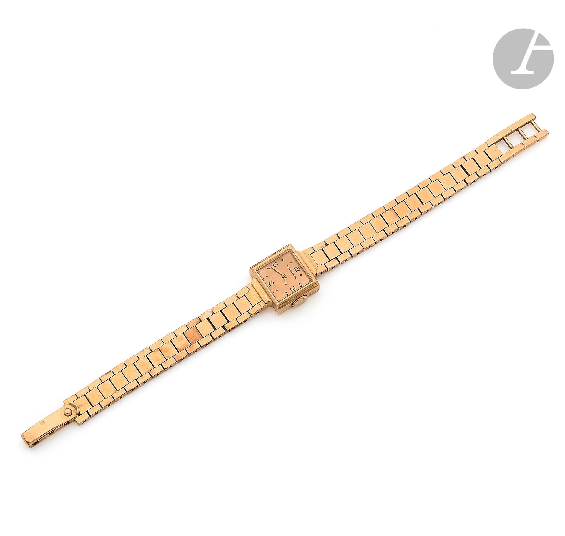BOUCHERON. Vers 1950

N°12959

Montre bracelet pour femme en or 18K (750), cadran doré, index point formant les heures, mouvement à remontage mécanique signé, bracelet en or intégré. Longueur : 16,5 cm. Poids brut : 31,2 g