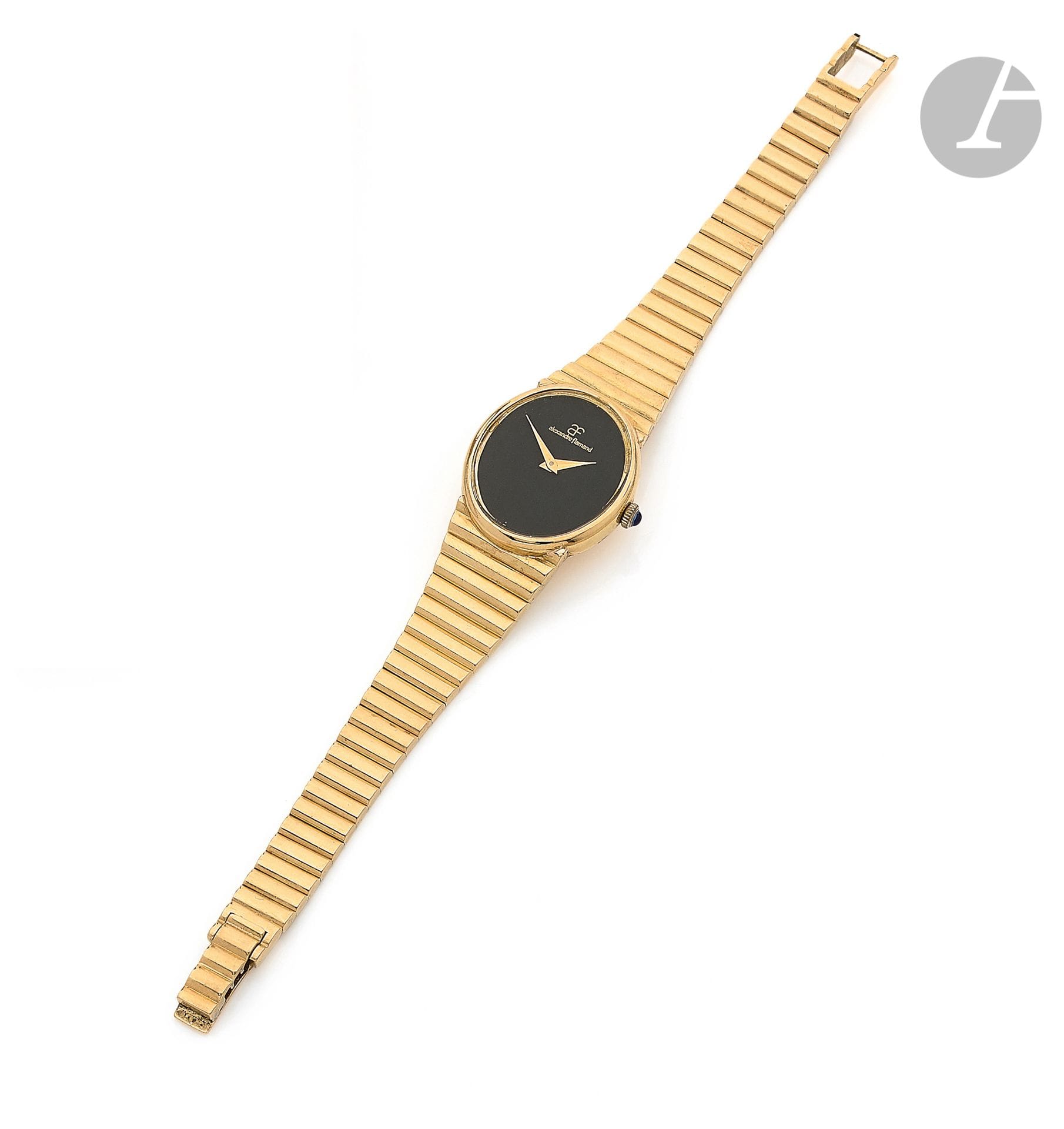 ALEXANDRE FLAMAND. Circa 1970

Ladies' wristwatch in 18K (750) gold, black dial, mechanical movement, integrated 18K gold bracelet.

Dial signed. Length : 18 cm. Gross weight: 54.4 g
