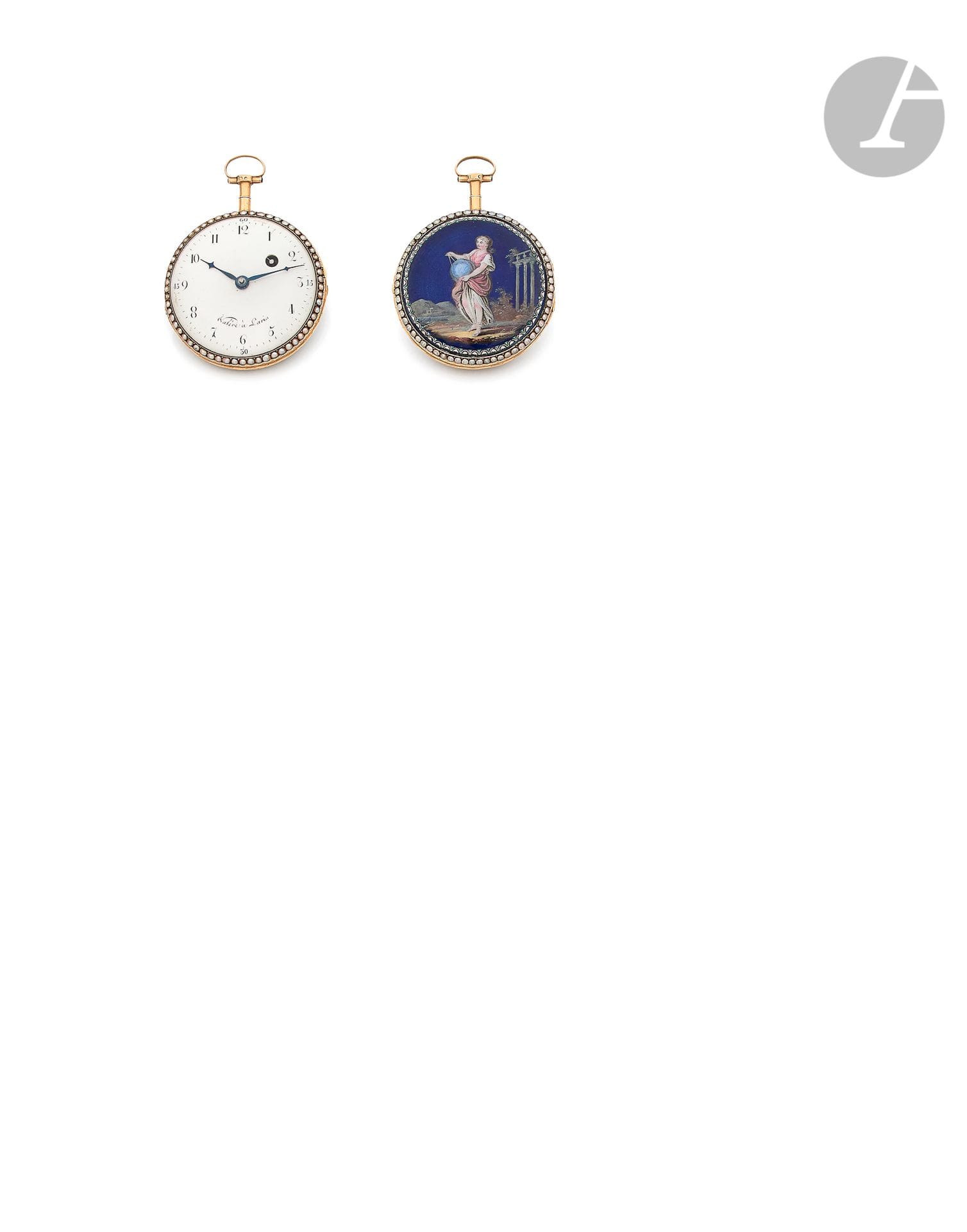 NALERE à Paris. Vers 1790

Montre de poche en or 18K (750), lunette sertie de demies perles, cadran émail blanc, index chiffres arabes formant les heures, mouvement à coq, boîtier émaillé à décor d’une femme à l’antique. Diamètre : 45 mm. Poids brut : 56,2 g