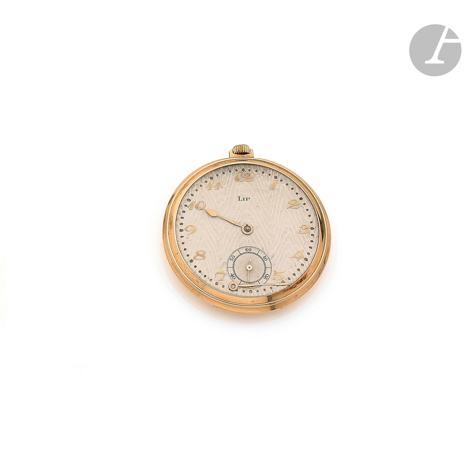LIP. About 1930

N°60316

18K (750) gold pocket watch, painted dial, Arabic numeral hour markers, second hand at 6 o'clock, minute hand to be re-fixed, winding movement (works), smooth case. Diameter: 48 mm. Gross weight : 58 g