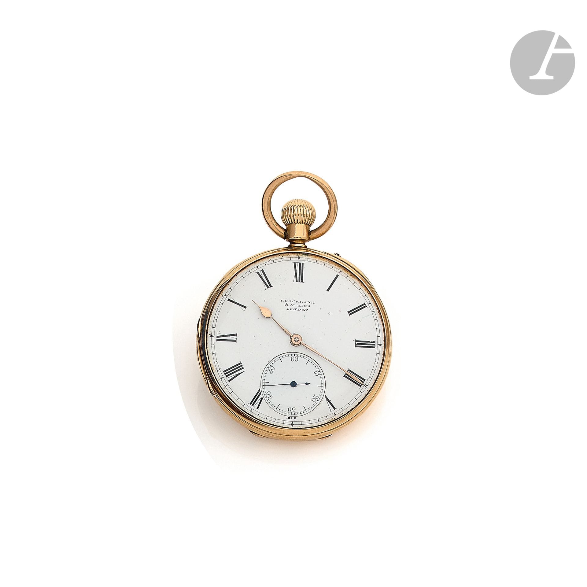 BROCKBANK & ATKINS à Londres

N° 11366

Montre de poche en or 18K (750), cadran émail blanc, index chiffres romains formant les heures, trotteuse à 6H, mouvement à remontoir (fonctionne), boîtier lisse. Cadran et mouvement signés. Diamètre : 46 mm. Poids brut : 92,8 g