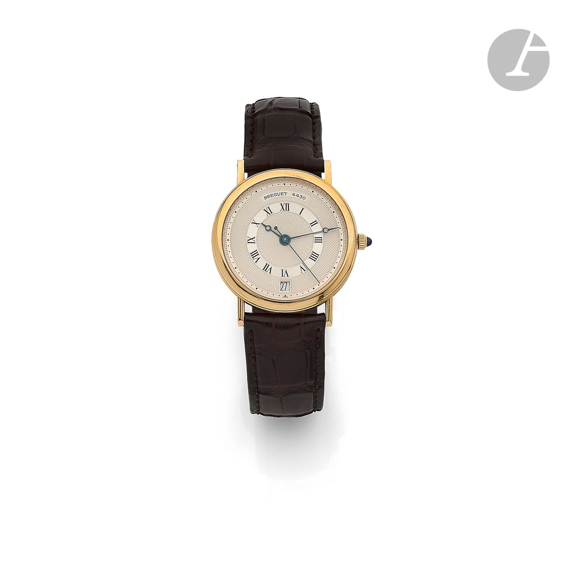 BREGUET Classique 

N° 4430

Montre bracelet pour homme en or 18K (750), cadran argenté à décor rayonnant, index chiffres romains formant les heures, date par guichet à 6H, trotteuse centrale, mouvement mécanique à remontage automatique, bracelet cuir avec sa boucle ardillon en or 18K signée. Cadran, boîtier et mouvement signés. Diamètre : 33 mm - Poids brut : 42,7 g
