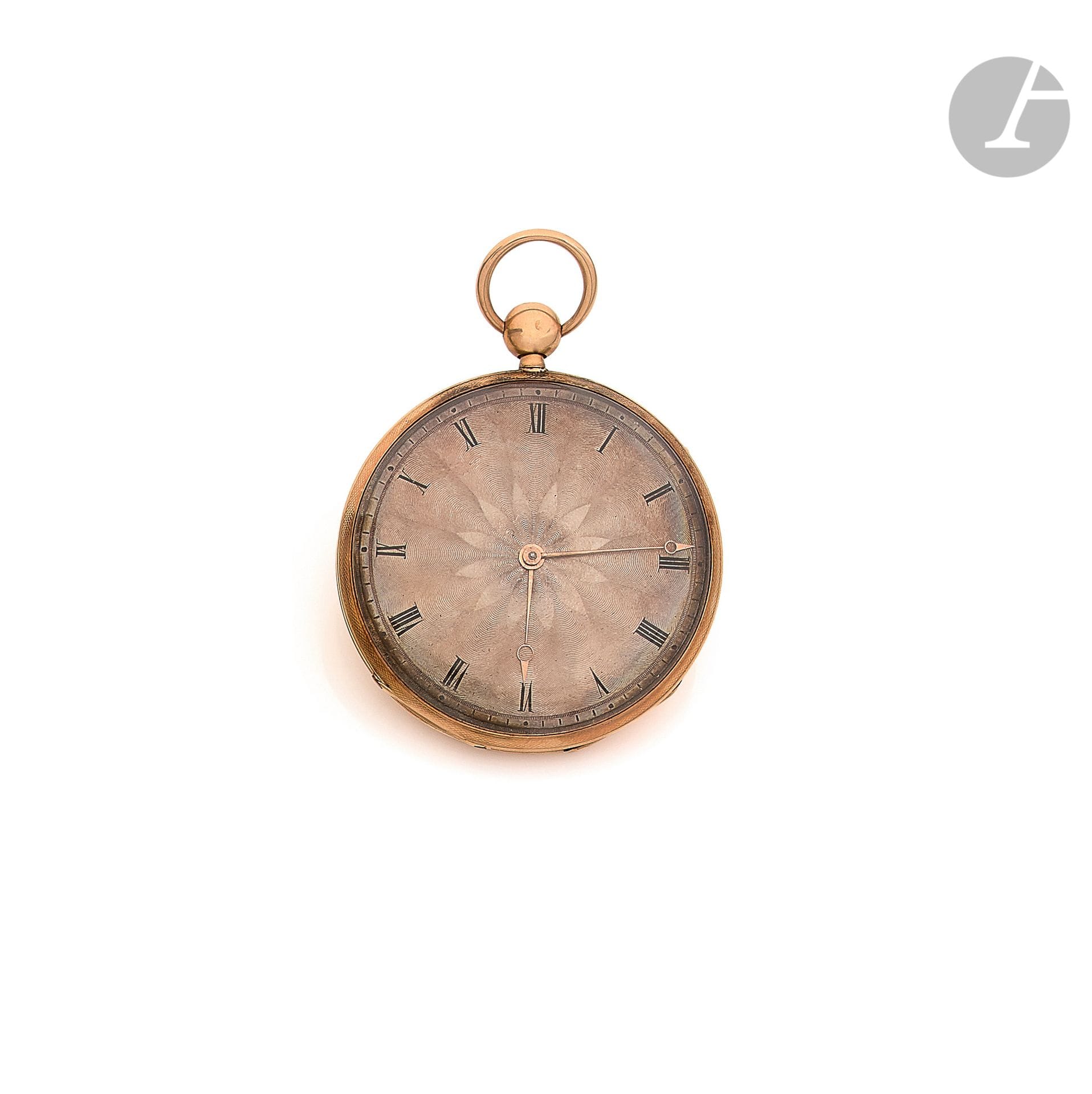 ANONYME. Vers 1850

N° 04

Montre de poche à sonnerie en or 18K (750), cadran argent à décor rayonnant, index chiffres romains formant les heures, sonnerie heures et quarts déclenchement par pression sur la bélière, boîtier à décor rayonnant. Diamètre : 50 mm. Poids brut : 66,2 g