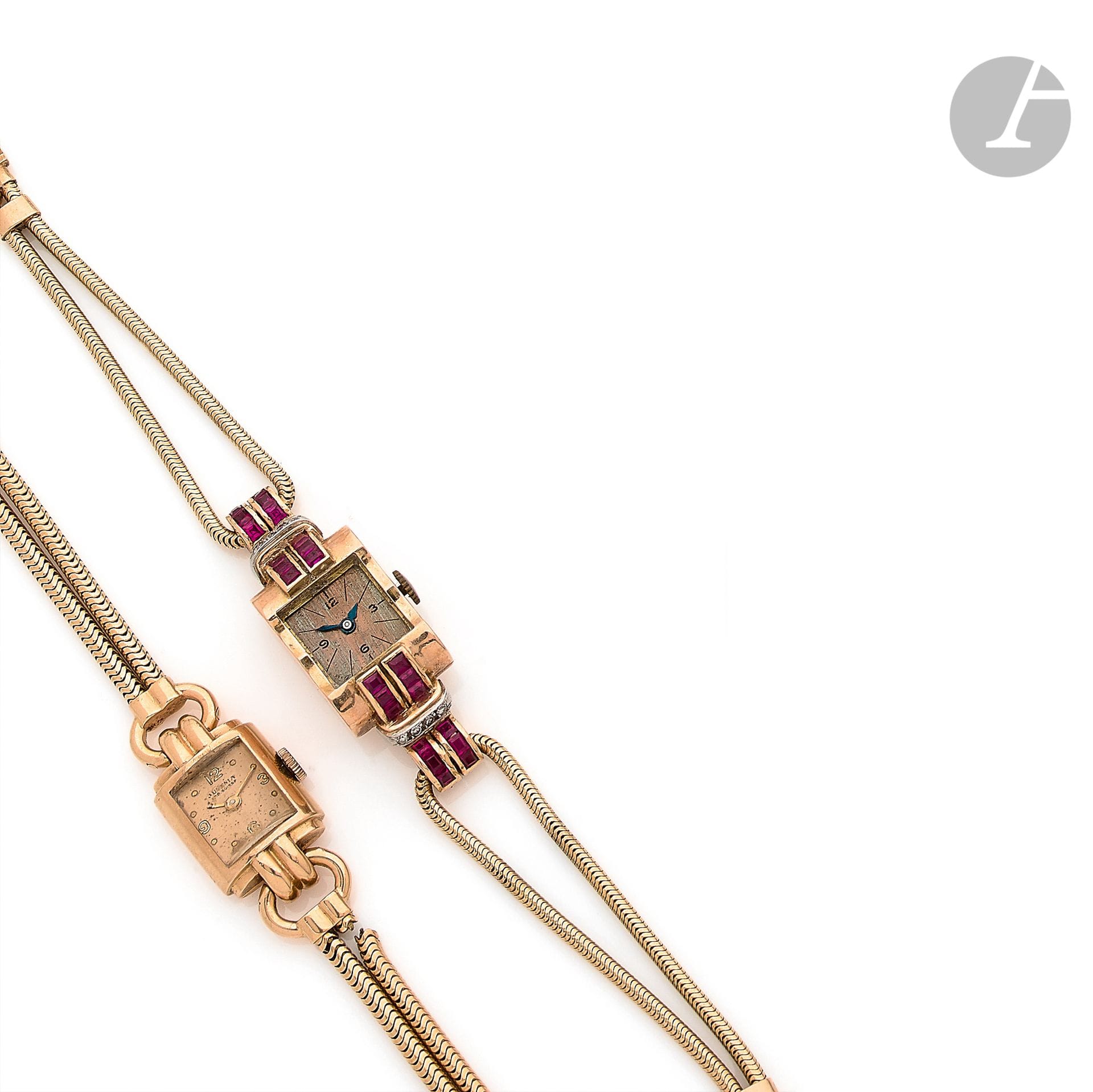 JUVENIA & ANONYMOUS

Two ladies' wristwatches in 18K (750) gold, painted dials, one set with red stones, mechanical movements, integrated cord bracelets (one broken). Gross weight : 62 g
