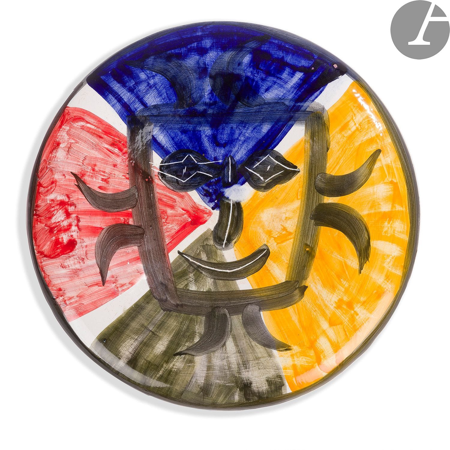 PABLO PICASSO (1881-1973) & ATELIER MADOURAVisage
n° 125, model created in [1963], print numbered
66/150Round
plate.

Authentic replica; one hundred and fifty copies, all numbered and made at Madoura. 
Proof in white earthenware, decorated with engobe and oxides under glaze; red, blue, green, yellow, black, white.
Marked with the stamps in hollow Edition MADOURA and MADOURA Plein Feu and carries with the brush the n° 125 Edition PICASSO MADOURA and the receipt 66/150 on the reverse. 
D. 26 cm 

Bibliography : 
Alain Ramié - Picasso, catalogue of the ceramic work published 1947-1971 - Madoura Editions, 1988


. 

 
Identical model reproduced on page 246 under the number 477 of the catalogue.









