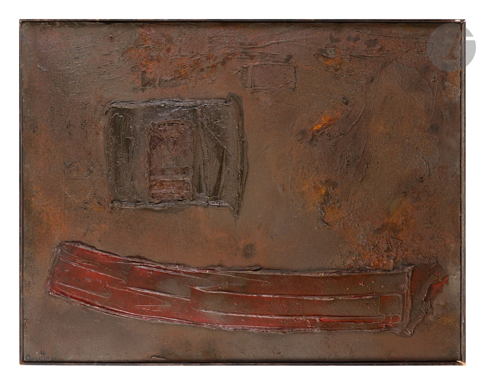 Franco ASSETTO [italien] (1911-1994)
Fascia rossa, 1957
Huile sur toile.
Signée et datée en bas à gauche.
(Petites restaurations).
81 x 100 cm

Provenance : 
- Collection Michel Tapié.
- Succession Jean-Marc Tapié de Celeyran.

Expositions : 
- Galerie Stadler, Paris (mention sur une étiquette au dos).
- International Center of Aesthetic Research, Turin (étiquette au dos).