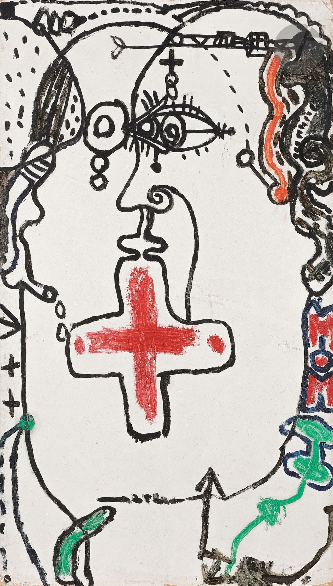 
Michel MACRÉAU (1935-1995)



Visage à la croix rouge, 1965



Huile sur carton.



Monogrammée sur la droite.



(Usures du carton sur les bords).



66,5 x 37,5 cm





Provenance : 



Collection du peintre David Azuz, ami de l'artiste.

Un certificat de Monsieur Jean-Dominique Jacquemond pourra être remis à l’acquéreur, à sa charge et à sa demande. Nous remercions Monsieur Jean-Dominique Jacquemond pour toutes les informations qu’il nous a transmises.
