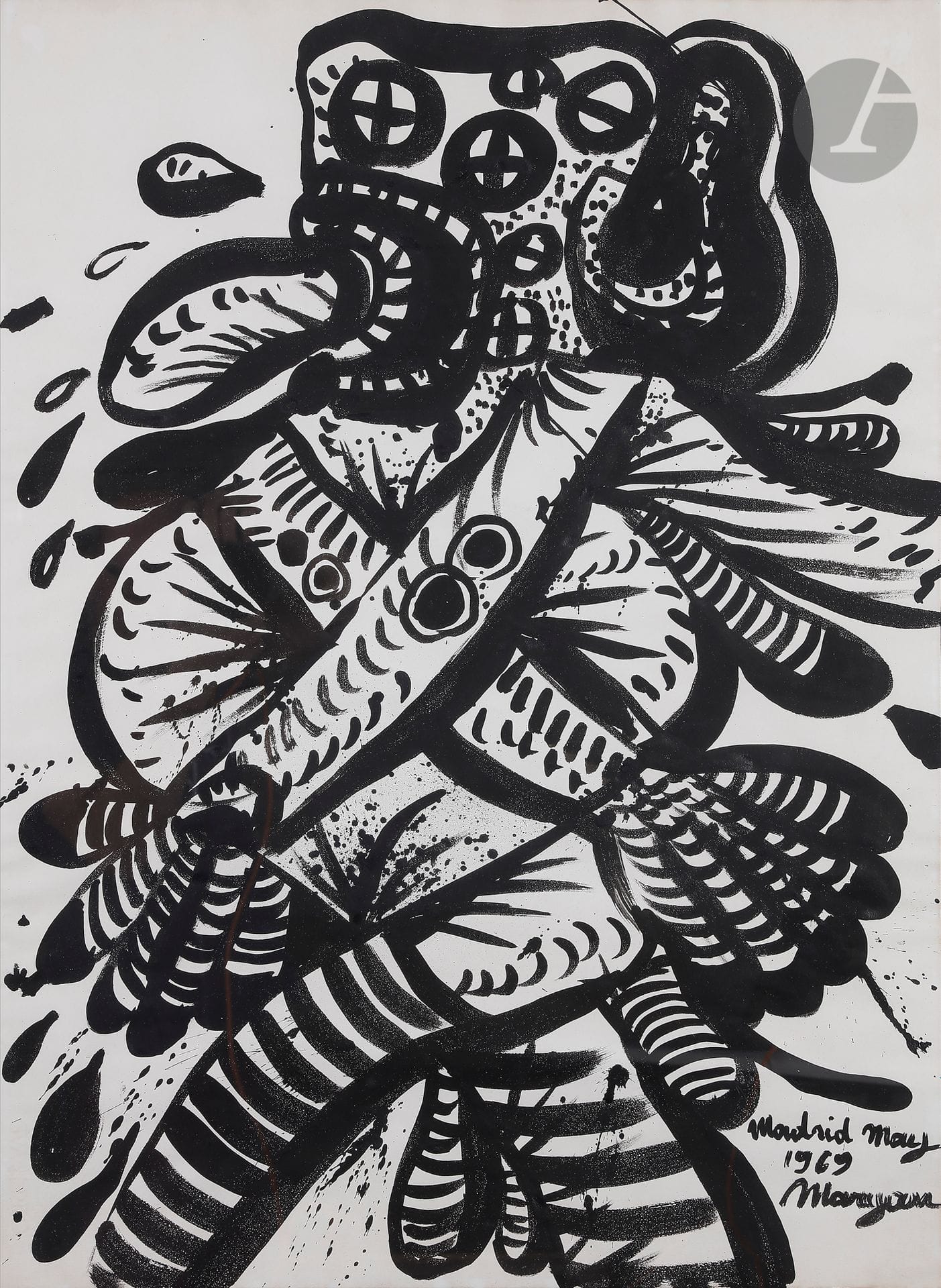 Pinchas Burstein dit Mary MARYAN [polonais] (1927-1977)
Composition, 1969
Encre.
Signée et datée en bas à droite.
88 x 65 cm

Provenance : 
Galeria Arts, Valence, Espagne (étiquette au dos).