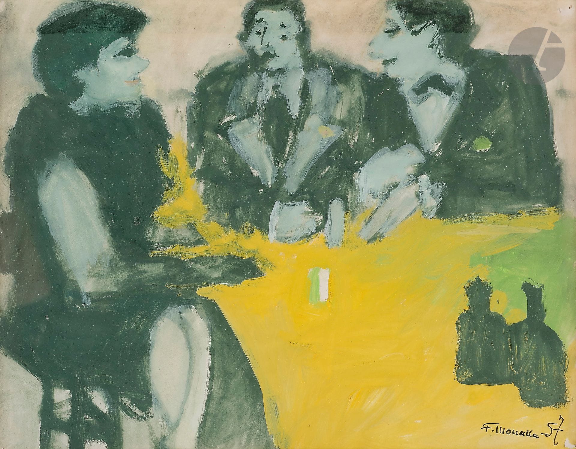 Fikret MOUALLA [turc] (1905-1968)
Scène de café, 1957
Gouache.
Signée et datée en bas à droite.
20,5 x 26 cm

Provenance : 
Collection de Monsieur G., Île-de-France.