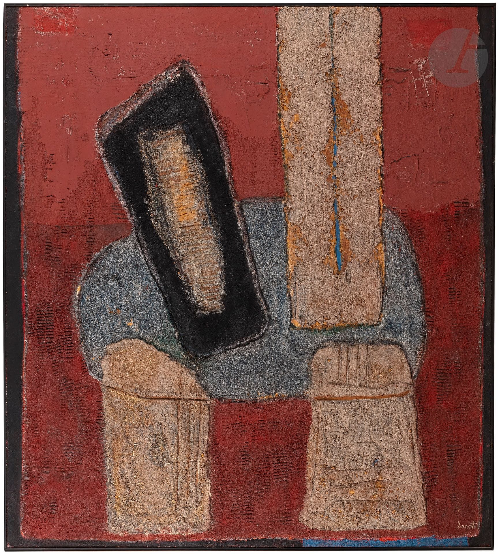 Enrico DONATI [italo-américain] (1909-2008)
Mystère II, 1966
Huile et sable sur toile.
Signée en bas à droite.
Signée, datée et située " New York " au dos.
Datée et titrée sur le châssis.
(Restauration).
136 x 126 cm