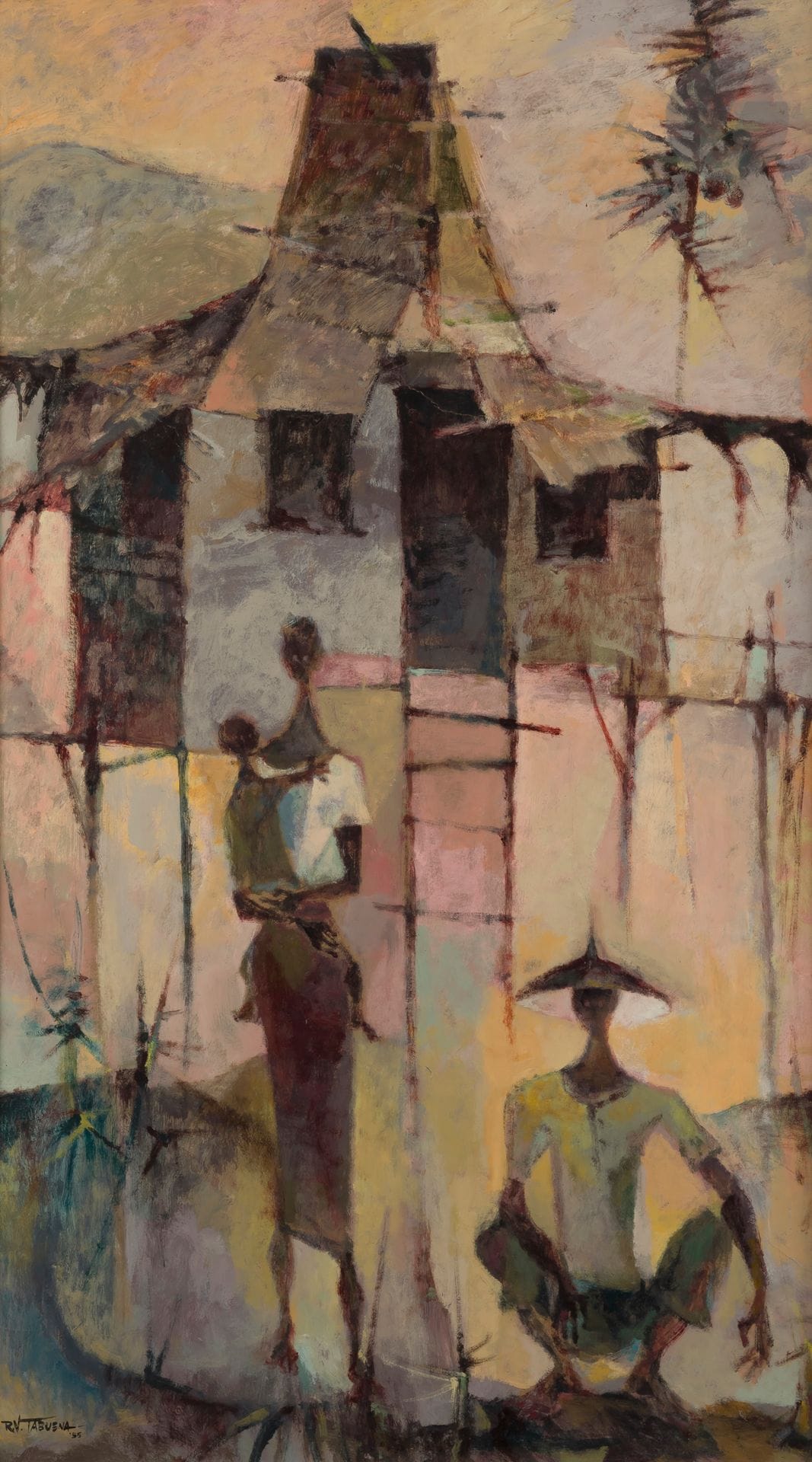 *Romeo Villalva TABUENA [philippin] (1921-2015)
Family 2, 1955
Huile sur isorel. 
Signée et datée en bas à gauche. 
Annotée " Romeo V. Tabuena - " Family Family 2, 1955 – c / o Instituto Allende - S.M.A, GTO, Mexico " au dos. 
110 x 62 cm