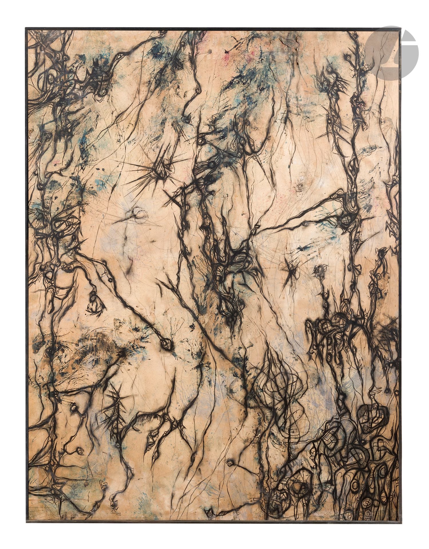 Iaroslav Sossountzov SERPAN [russe] (1922-1976)
Fstrakcht, 1950
Technique mixte sur papier monté sur toile.
Signée et datée en bas à gauche.
Signée, datée et titrée au dos.
(Accidents et moisissures).
192 x 144 cm

Provenance : 
- Collection Michel Tapié.
- Succession Jean-Marc Tapié de Celeyran.

Exposition : 
International Center of Aesthetic Research, Turin (étiquette au dos).
