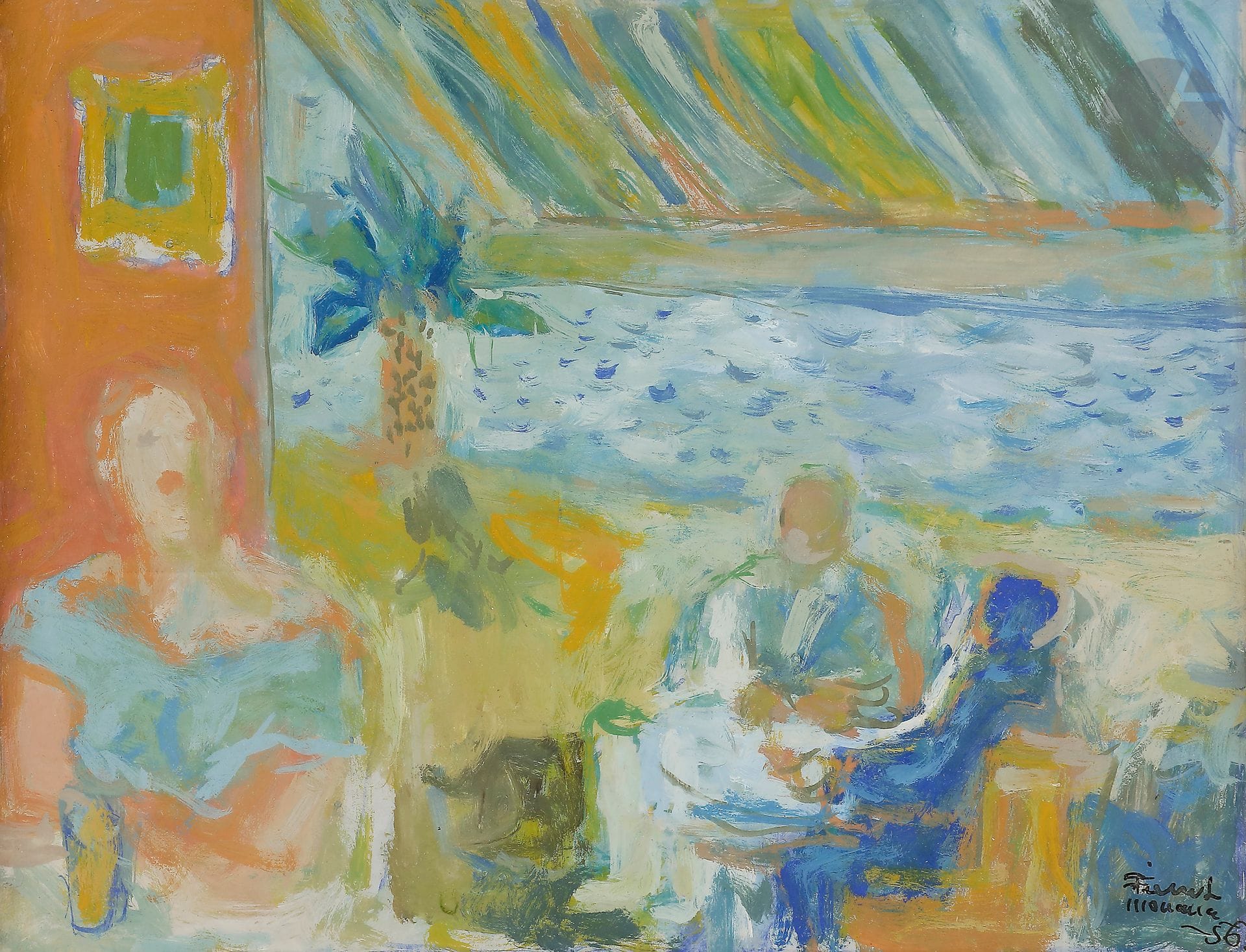 Fikret MOUALLA [turc] (1905-1968)
Café à Cannes, 1956
Gouache.
Signée et datée en bas à droite.
19 x 25,5 cm

Provenance : 
Collection de Monsieur G., Île-de-France.