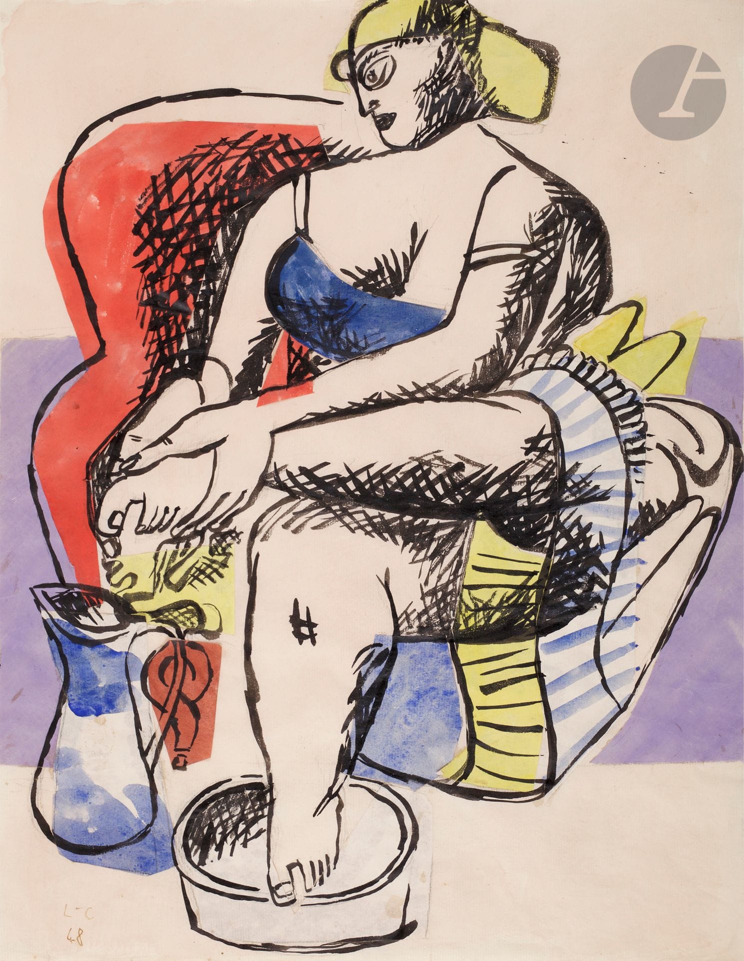 Charles-Édouard JEANNERET dit LE CORBUSIER (1887-1965)
Yvonne Le Corbusier assise sur un fauteuil rouge, se lavant les pieds, 1948
Collage de pièces de papier gouaché et encre de Chine sur esquisse à la mine de graphite sur papier vergé.
Monogrammé et daté en bas à gauche.
48,3 x 37,7 cm

Un certificat de Monsieur Éric Mouchet en date du 9 janvier 2020 sera remis à l'acquéreur.