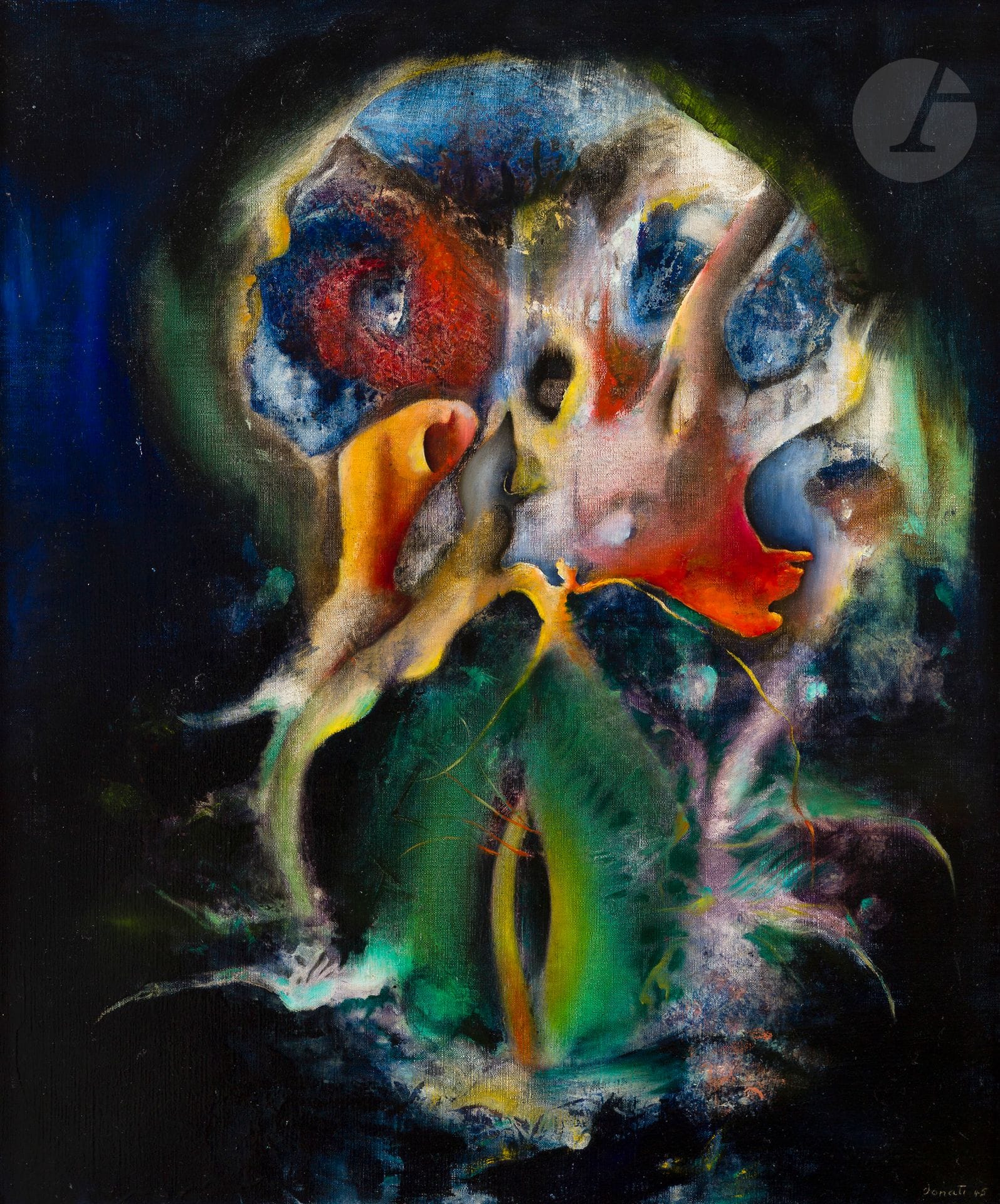 Enrico DONATI [italo-américain] (1909-2008)
Abîme, 1945
Huile sur toile.
Signée et datée en bas à droite.
62 x 51 cm

Provenance : 
Collection du critique littéraire Maurice Nadeau, Paris. Par descendance.

Exposition : 
Galerie Drouant-David, Paris, 1946, n° 5 (erreur de date), texte de Maurice Nadeau. 

Maurice Nadeau rencontre dans les années d'avant-guerre André Breton, Aragon, Prévert et Péret, ainsi que nombreux acteurs du surréalisme. Témoin privilégié de ce mouvement dans les années 30, il écrit sous l'occupation L'Histoire du surréalisme qu'il publie en 1945 et qui restera longtemps une référence sur le sujet.
En 1946, il écrit la préface du catalogue de l'exposition Donati à la Galerie Drouant-David précédant le texte d'André Breton. Notre tableau " Abîme " figure sous le numéro 5 et entrera dans la collection du critique littéraire : " Donati peint en transparence un monde transparent dont le sang, la boue et la sanie, les hu-meurs et la part humide des choses décomposent leurs éléments premiers et forment de nouvelles créations miraculeuses à jamais détachées du sempiternel aimant de la ligne d'horizon. Il est éloigné de tous les poncifs : ceux de l'abstraction, ceux de la figuration, ceux même du surréalisme. Il rend à celui-ci sa vigueur première qui est conquête et libération perpétuelles, ajoute à sa révolution une spirale qui s'élargit à l'infini " (Maurice Nadeau, Paris, 1946. Préface au catalogue de l'exposition à la Galerie Drouant-David, Paris, 1947.)