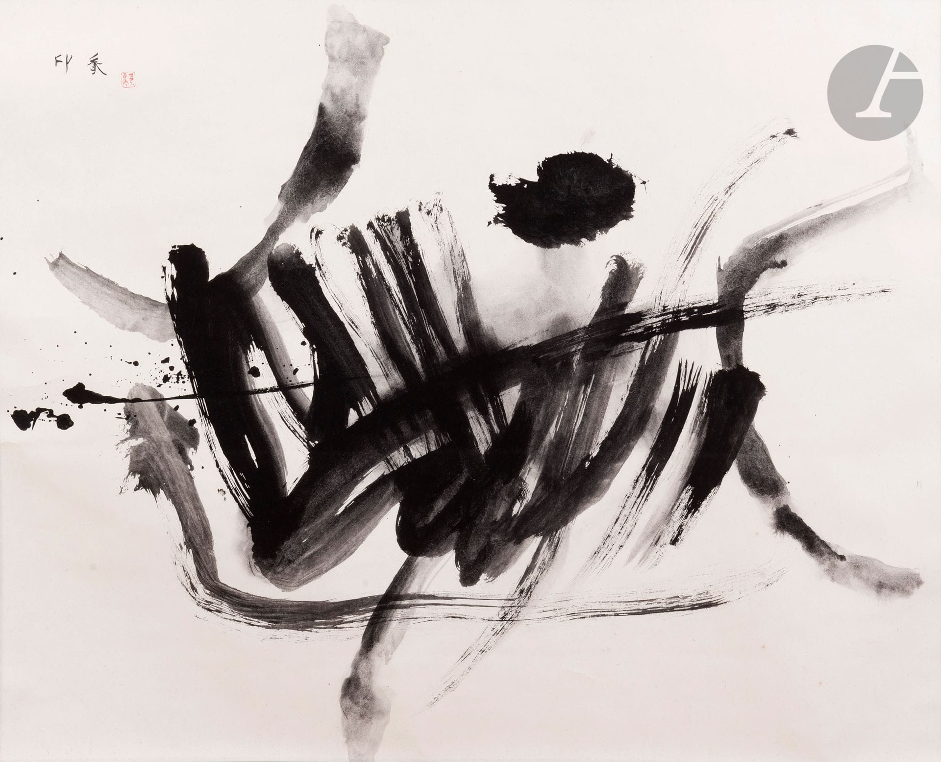 Sannotsuke DOMOTO dit MAÎTRE INSHO [japonais] (1891-1975)
Bokuseki ou Métamorphorisme, 1959
Encre de Chine sur papier monté en kakémono.
Signée en haut à gauche.
Timbre rouge de l'artiste.
57 x 72 cm

Provenance : 
- Collection Michel Tapié.
- Succession Jean-Marc Tapié de Celeyran.

Exposition : 
Musée Manifeste du Baroque Ensembliste, International Center of Aesthetic Research, Turin, 1965.

Bibliographie : 
- Michel Tapié, Morphologie autre, Fratelli Pozzo Editori, 1960, reproduit au dos du frontispice et au côté d'une œuvre de Kazuo Shiraga.
- Francesc Vicens, Prolégomènes à une esthétique autre de Michel Tapié, Centre International de Recherches Esthétiques, Barcelone, 1960, reproduit p. 205.
- Meiji Shobo, The Works of Insho Domoto,  Tokyo, Meiji Shobo Publishers Limited, reproduit p. 64.
- Luigi Moretti et Michel Tapié, Le Baroque Généralisé, Turin, Edizioni del Dioscuro, 1965, figure sur les photographies de l'exposition à l'International Center of Aesthetic Research de Turin en 1965.
Le 3 mars 1960 est fondé à Turin l'" International Center of Aesthetic Resaerch ".
Michel Tapié choisira cette œuvre sur kakémono du Maître Insho comme signe typographique du Centre.