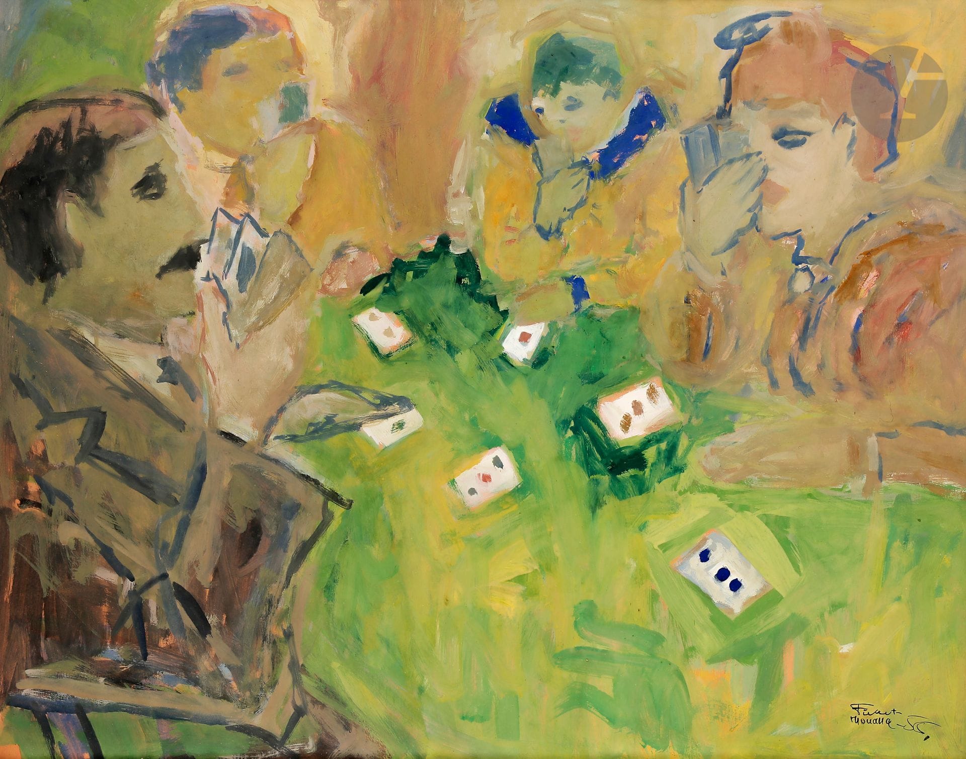 Fikret MOUALLA [turc] (1905-1968)
La Partie de carte, 1955
Gouache.
Signée et datée en bas à droite.
49 x 64 cm

Provenance : 
Collection de Monsieur G., Île-de-France.