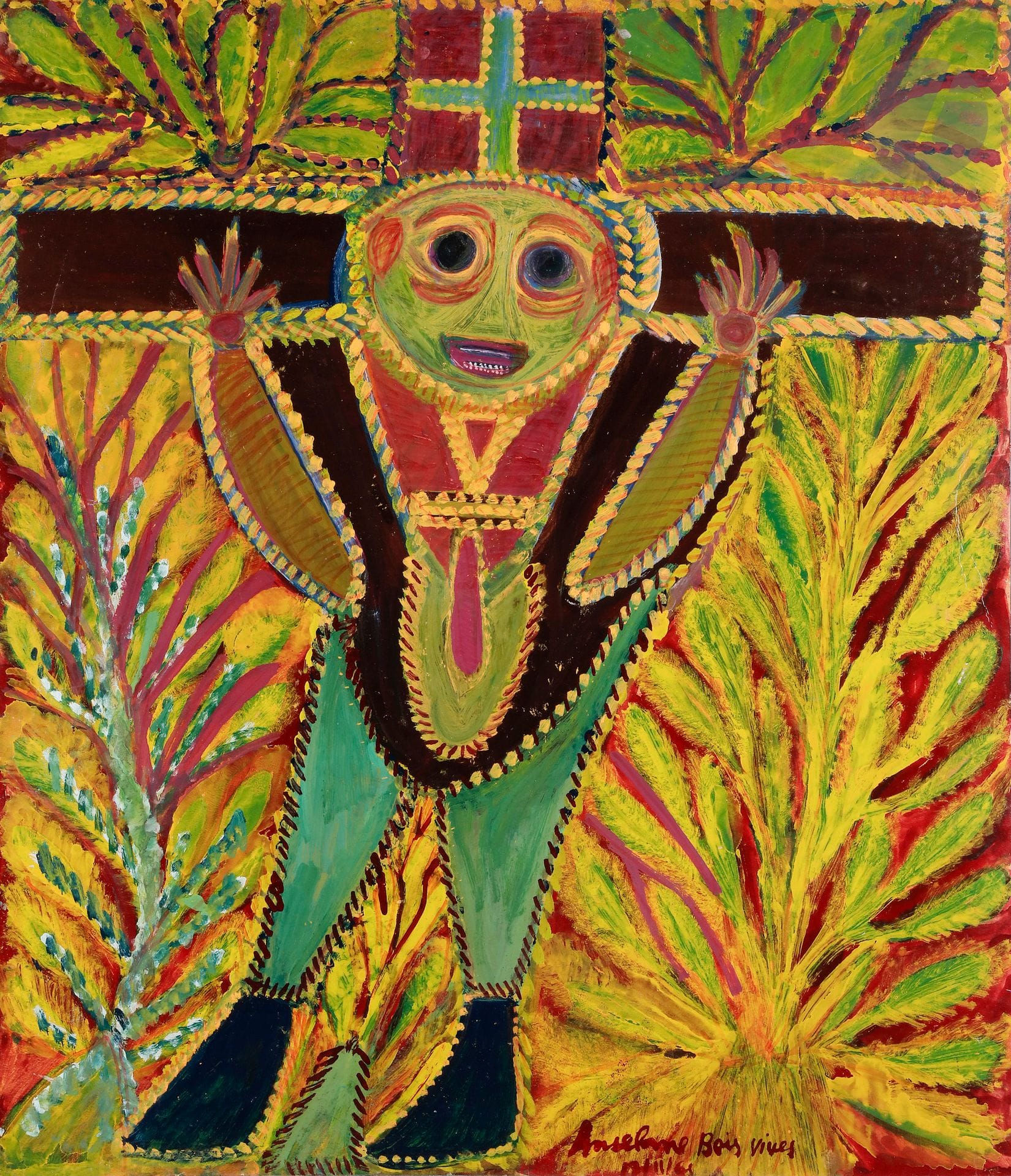 Anselme BOIX-VIVES (1899-1969)
Christ, 1961
Ripolin sur carton contrecollé sur toile.
Signée et datée en bas à droite.
85 x 73 cm

Provenance :
- Collection JDJ. Acquis directement à l'artiste en 1988.
- Collection Claude Rouyer. Acquis auprès de ce dernier en 1989.

Expositions :
- Anselme Boix-Vives, Rétrospective, Musée des Beaux-Arts et de la Dentelle, Alençon, 23 juin-30 septembre 1990, Centre Vendôme pour les Arts Plastiques.
- Anselme Boix-Vives, Rétrospective, Centre d'Études Catalanes, Paris, 1 octobre-10 novembre 1990, Centre Vendôme pour les Arts Plastiques.
- Anselme Boix-Vives, Rétrospective, Musée du Vieux Château, Laval, 28 juin - 15 septembre 1991, Centre Vendôme pour les Arts Plastiques. 
- Signes de croix, Galerie Messine - Le Guillou, Paris, 26 mars - 7 mai 1992.
- Fétiches et fétichisme, Passage de Retz, Paris, 23 juin - 12 septembre 1998, reproduit au catalogue, n° 10.

Bibliographie :
- Film Bader et Ansorge Ernest, Anselme Boix-Vives mon père, l'oeuvre est visible dans le film.
- Jean-Dominique Jacquemond, La Différence, Centre Vendôme pour les arts plastiques, Collection l'Etat des lieux.
- Marie-Caroline Sainsaulieu, Valérie Boix-Vives, Boix-Vives, Monographie, Catalogue Raisonné - Volume 2, Paris, Éditions de la Différence, 2003, reproduit sous le numéro 165/8, p. 146.

Un certificat de Monsieur Jean-Dominique Jacquemond pourra être remis à la charge de l'acquéreur.