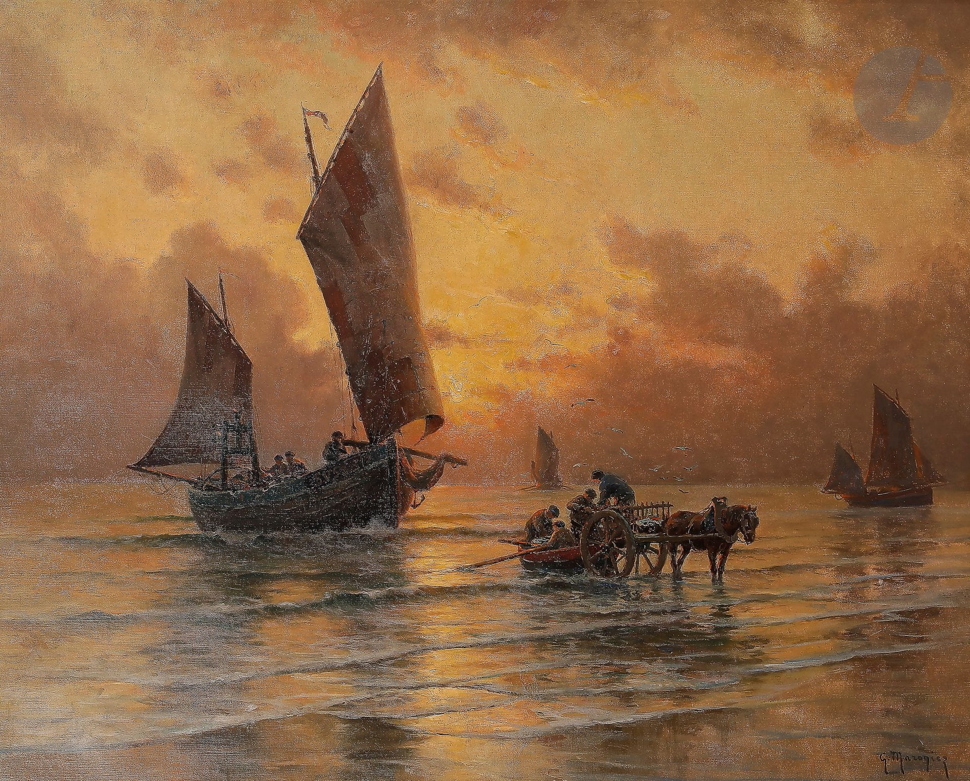 Georges Philibert MARONIEZ (1865-1933)
Retour de pêche
Huile sur toile.
Signée en bas à droite.
65 x 81 cm