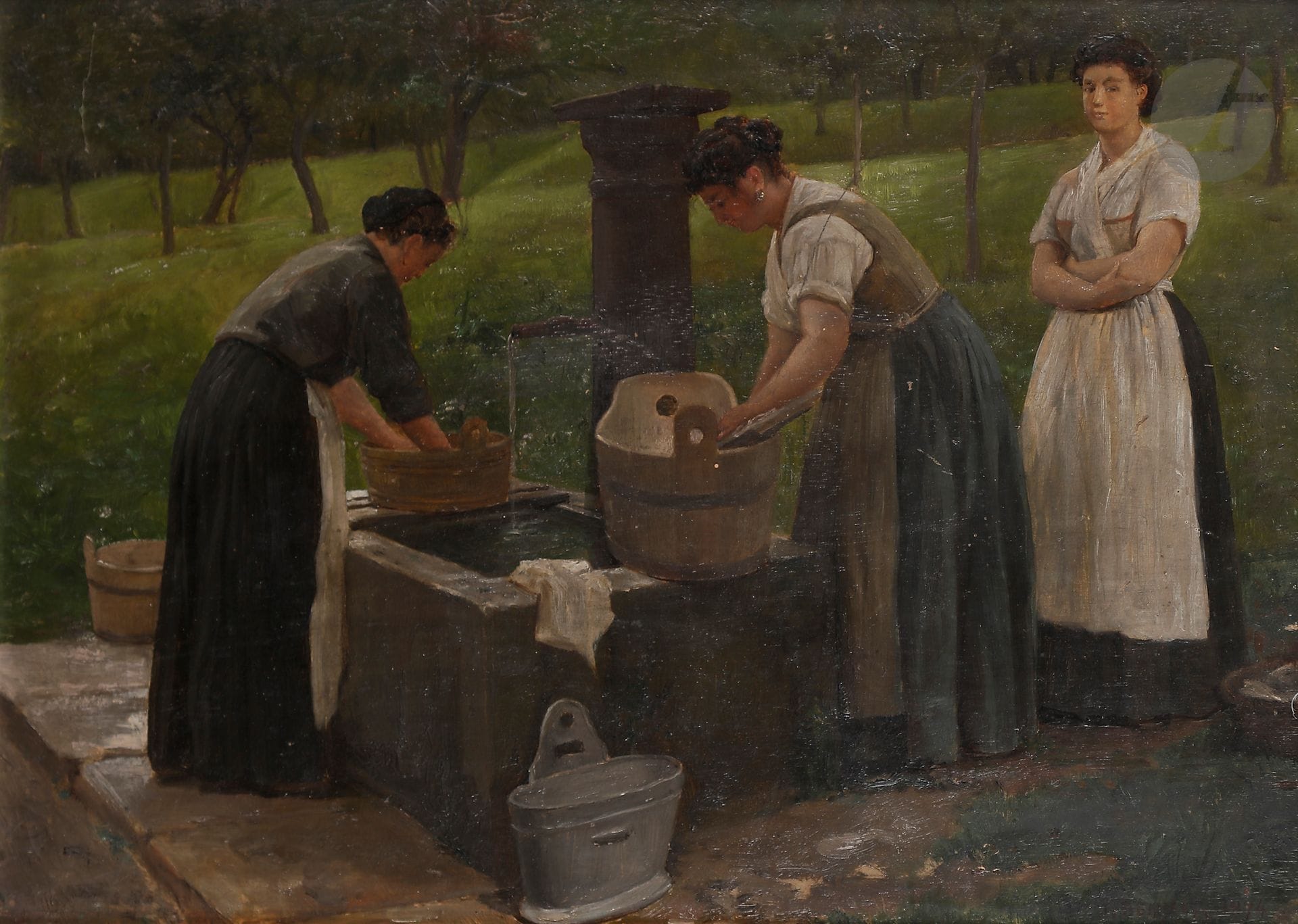 Jean BENNER (1836-1906)
Femmes au lavoir, 1874
Huile sur panneau.
Signée et datée en bas à droite.
26,5 x 37 cm