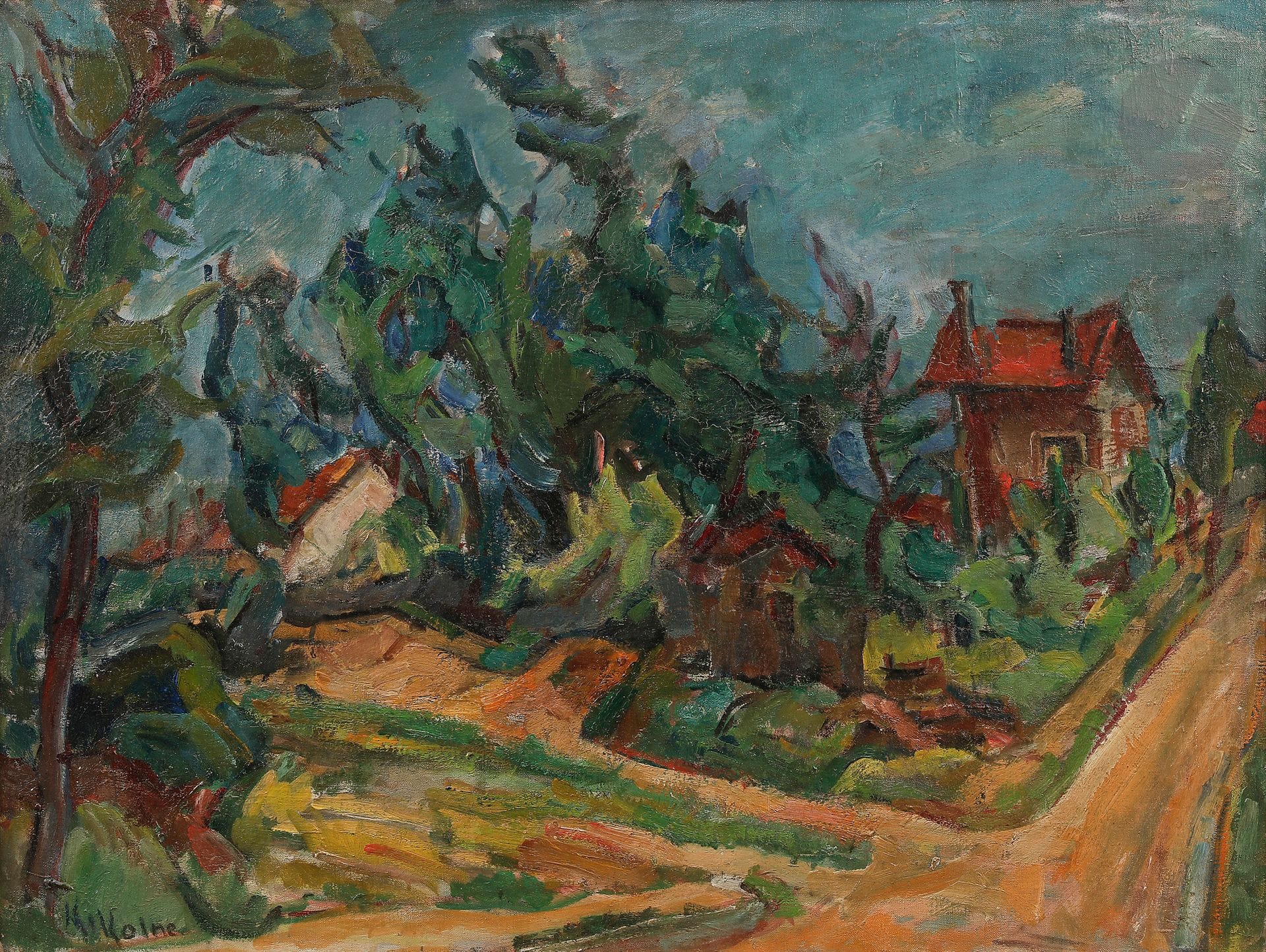 Michel KIKOÏNE (1892-1968)
Maisons au bord du chemin
Huile sur toile.
Signée en bas à gauche.
(Rentoilé ?)
54 x 72 cm

Provenance :
Collection de Monsieur F., Var.