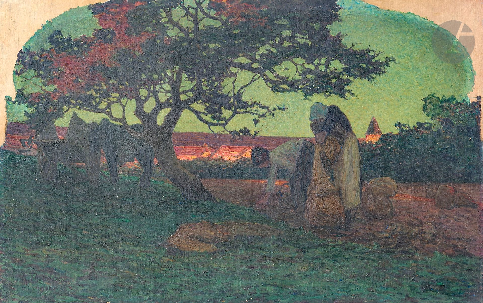 Raymond THIBÉSART (1874-1963)
Les Glaneuses au crépuscule, 1901
Huile sur toile.
Signée et datée en bas à gauche.
(Manque et enfoncement).
130 x 205 cm

Provenance : 
Famille de l'artiste.

Exposition : 
Salon des Artistes Français, 1901 (tampon au dos sur le châssis).