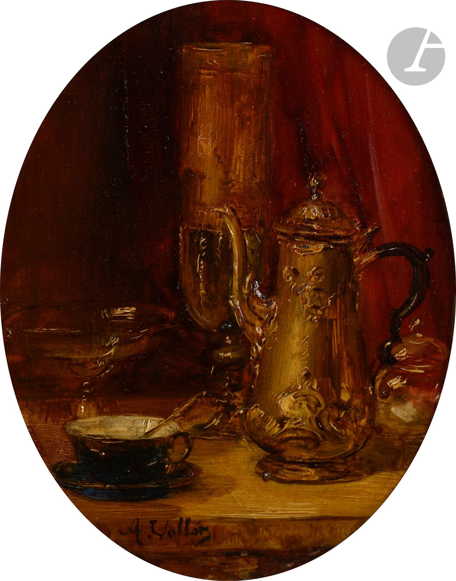 Antoine VOLLON (1833-1900)
Nature morte à la cafetière
Huile sur panneau ovale.
Signée en bas à gauche
18 x 14 cm