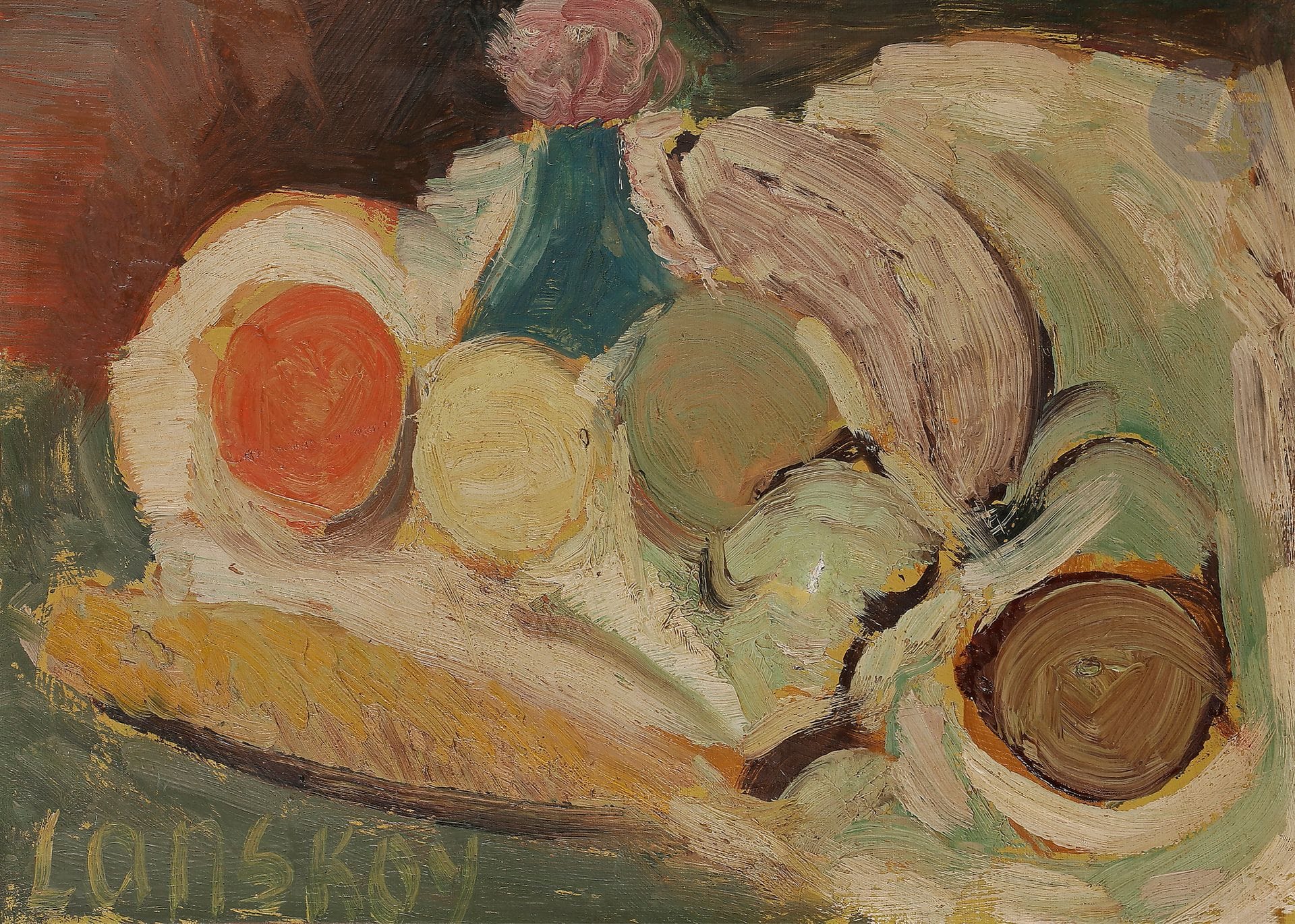 André LANSKOY (1902-1976)
Nature morte, vers 1930-35
Huile sur toile.
Signée en bas à gauche.
(Petit manque).
33 x 46 cm