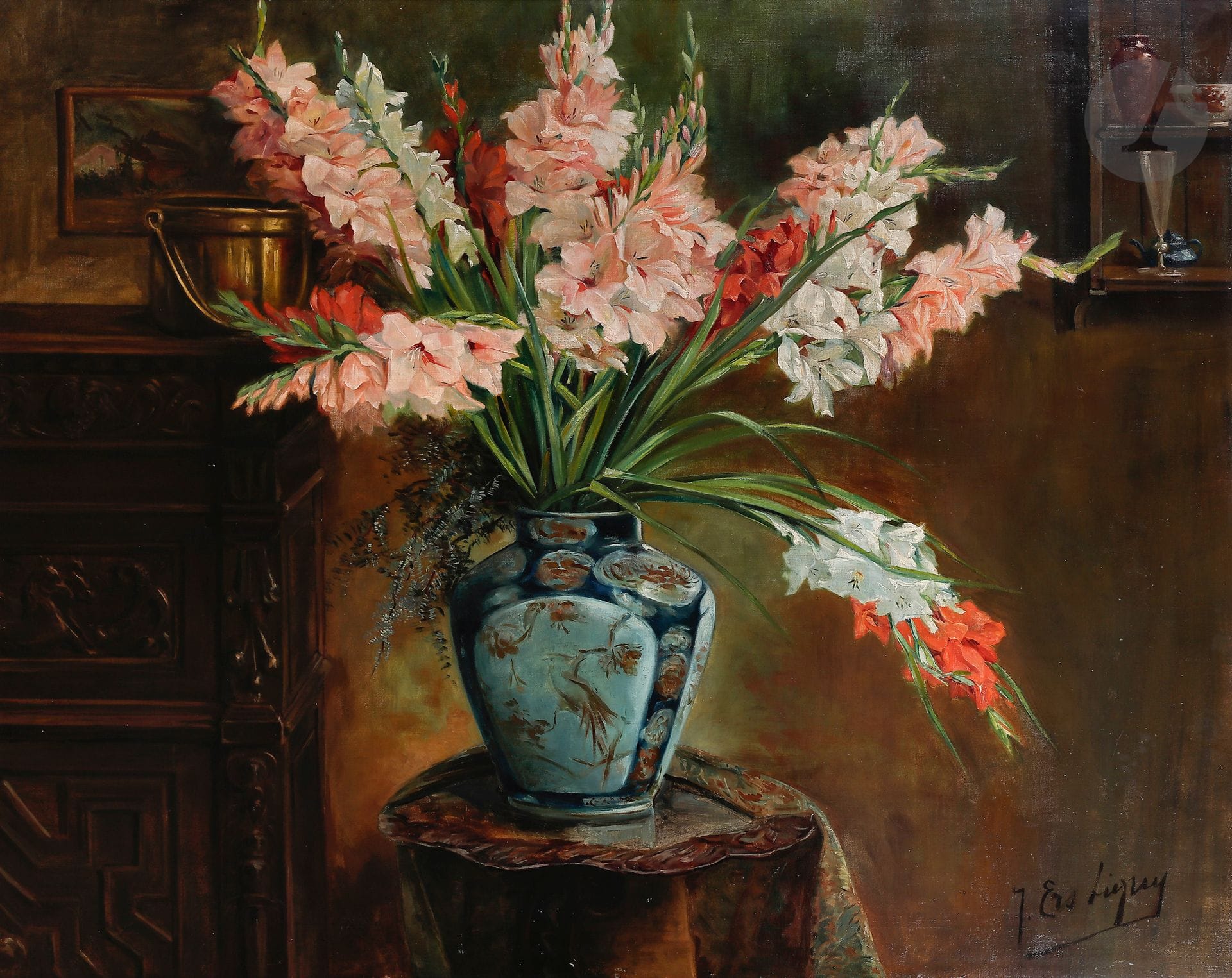 J. ERS LIGNY (XIXe-XXe siècle)
Vase aux iris
Huile sur toile.
Signée en bas à droite.
(Petits accidents et restaurations).
120 x 150 cm