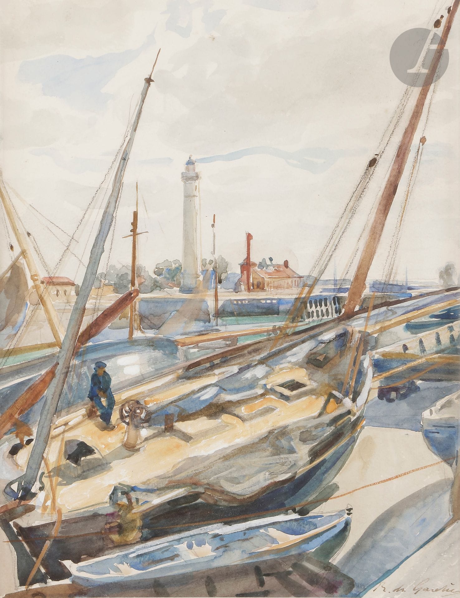 Raoul DU GARDIER (1871-1952)
Le Carénage des bateaux 
Aquarelle.
Signée en bas à droite.
28,5 x 22 cm