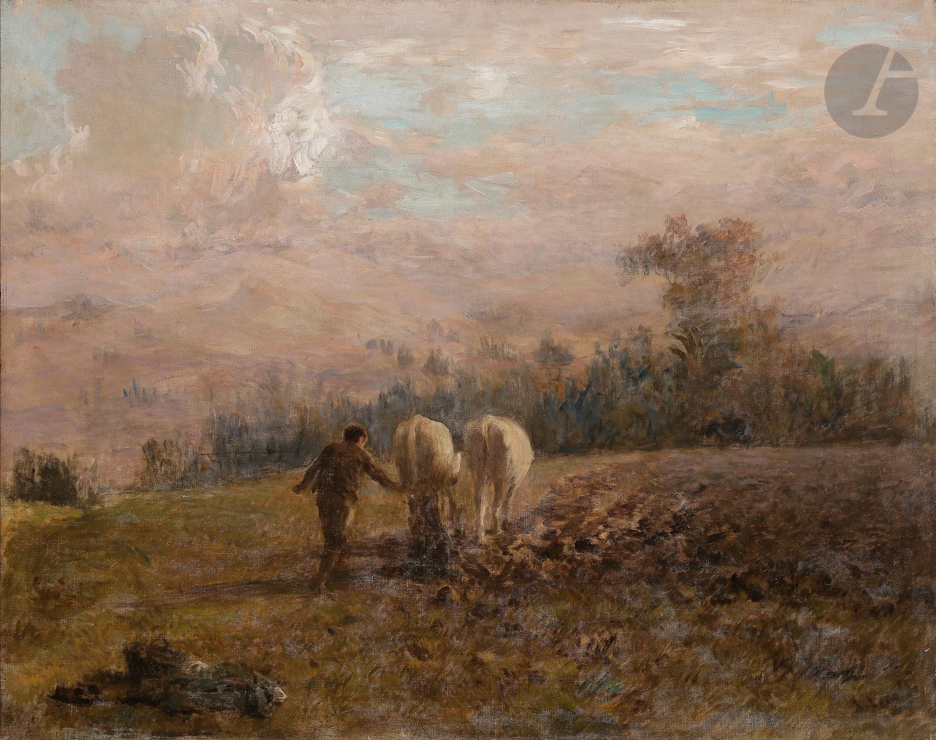 Henri LEROLLE (1848-1929)
Le Labour, Savoie, 1920
Huile sur toile.
Signée en bas à droite.
Datée, titrée et située au dos sur une étiquette.
(Restaurations).
73 x 92 cm

Provenance : 
Galerie Frans Buffa & Zonen, Amsterdam (étiquette au dos).