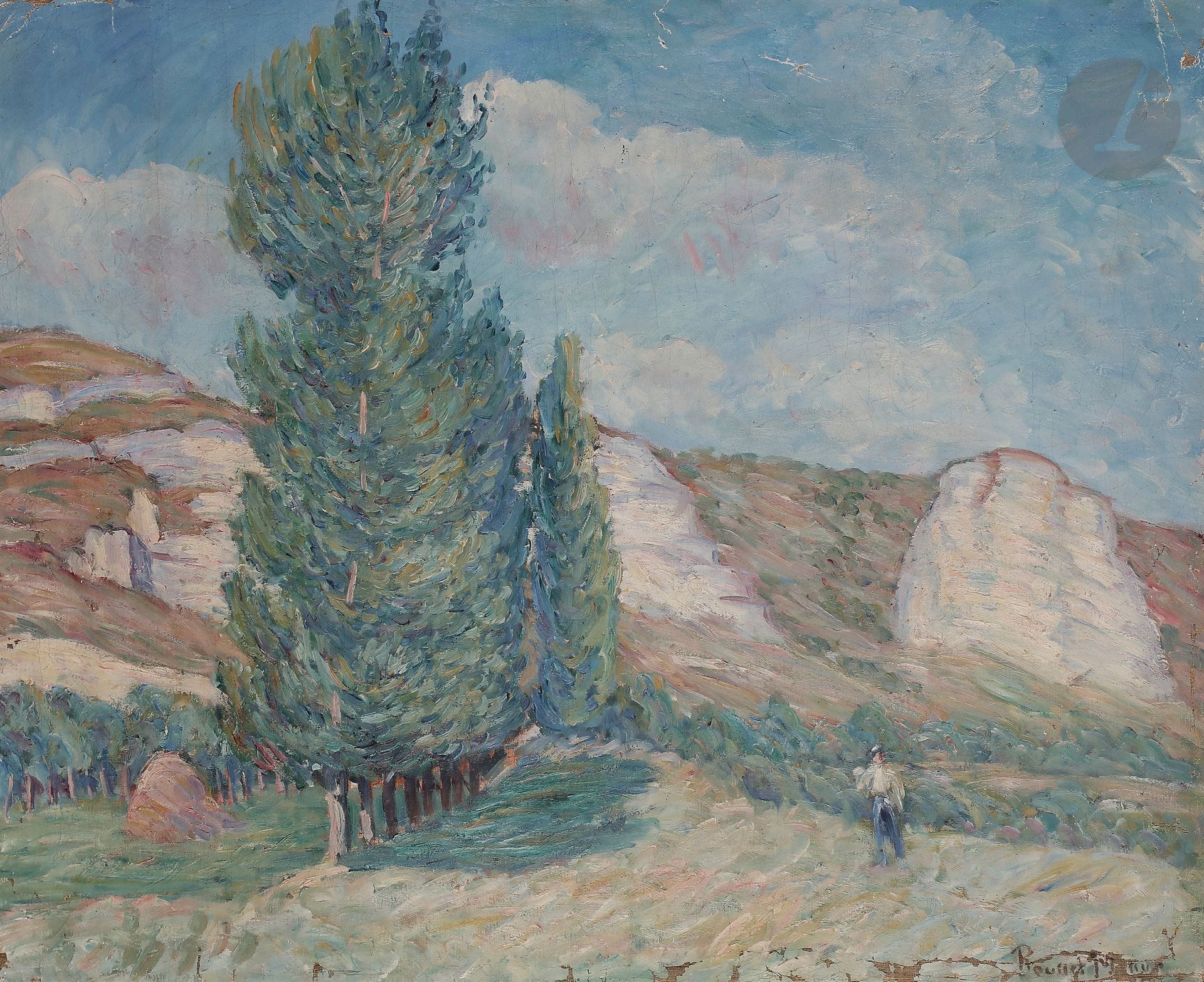 Henri ROUSSEL-MASURE (1863-1919)
Le Retour du berger
Huile sur toile.
Signée en bas à droite.
(Manques).
60 x 73 cm