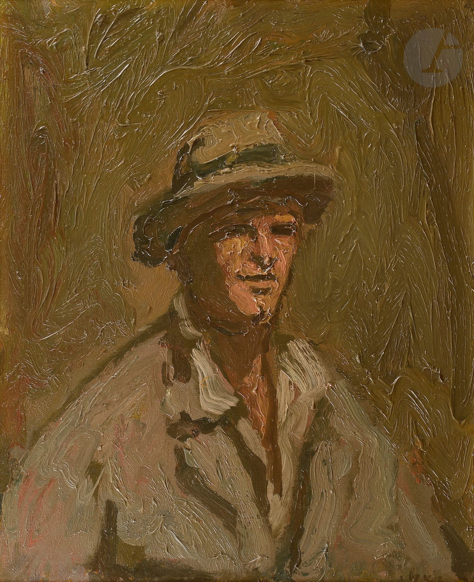 Georges Pierre H. BOUCHE (1874-1941)
Portrait d'homme au chapeau
Huile sur toile.
Signée en bas à droite.
81 x 65 cm