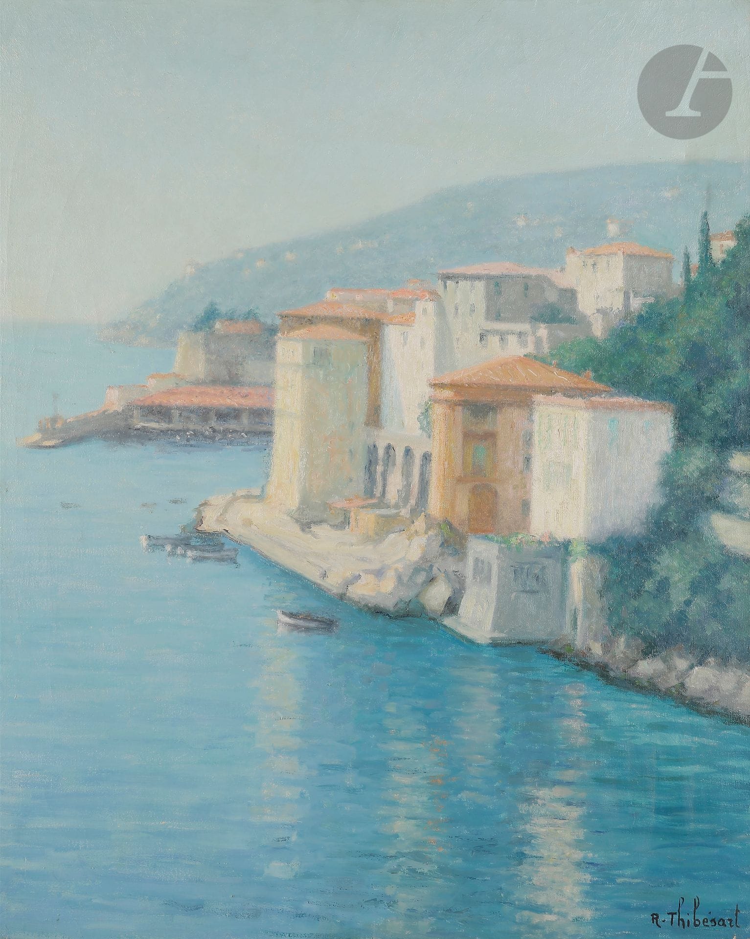 Raymond THIBÉSART (1874-1963)
Villefranche-sur-Mer
Huile sur toile.
Signée en bas à gauche.
Signée et titrée au dos.
(Petits enfoncements).
81 x 65 cm

Provenance : 
Famille de l'artiste.