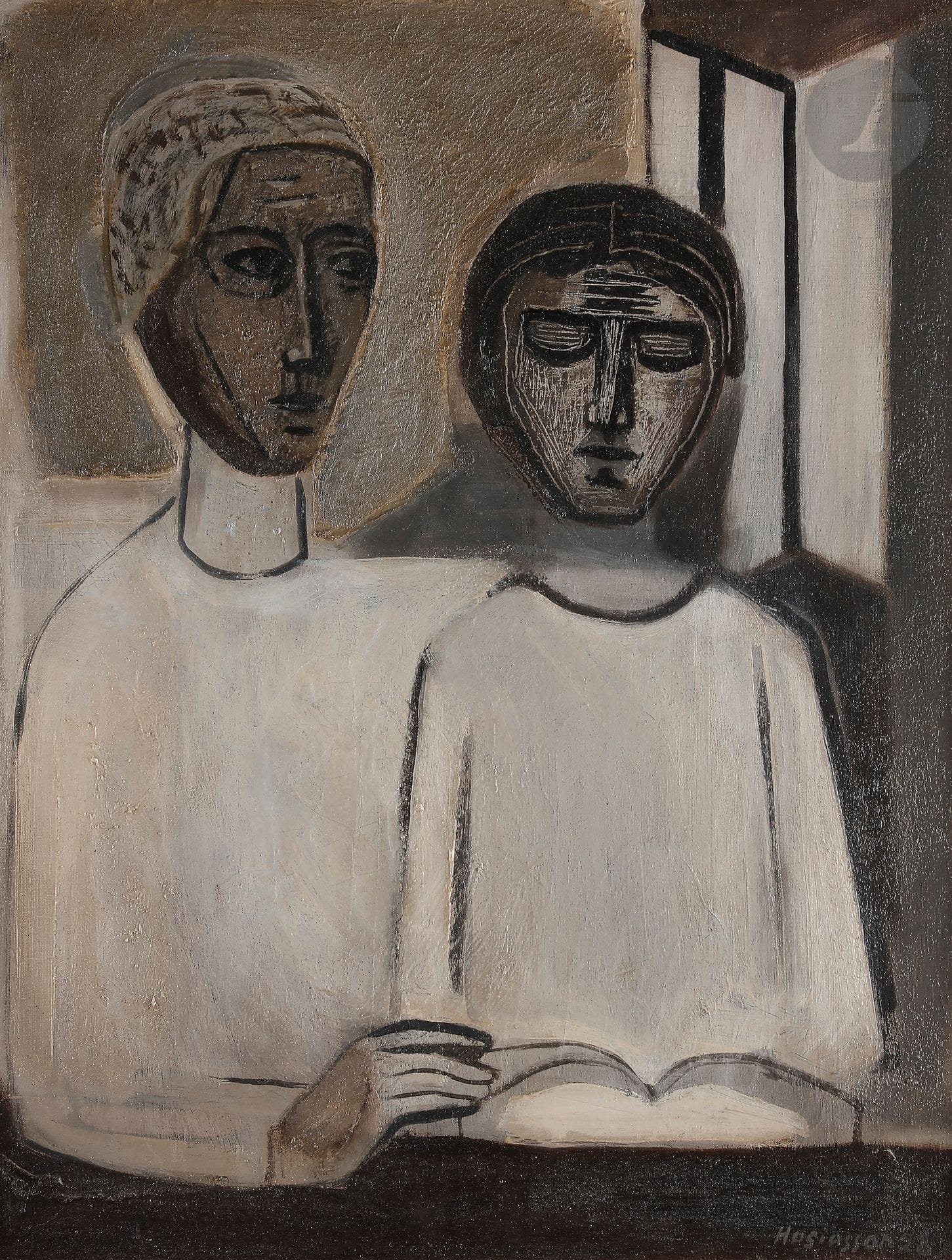 Philippe HOSIASSON (1898-1978)
La Leçon, 1928
Huile sur toile.
Signée et datée en bas à droite.
Signée et titrée au dos.
65 x 50 cm
