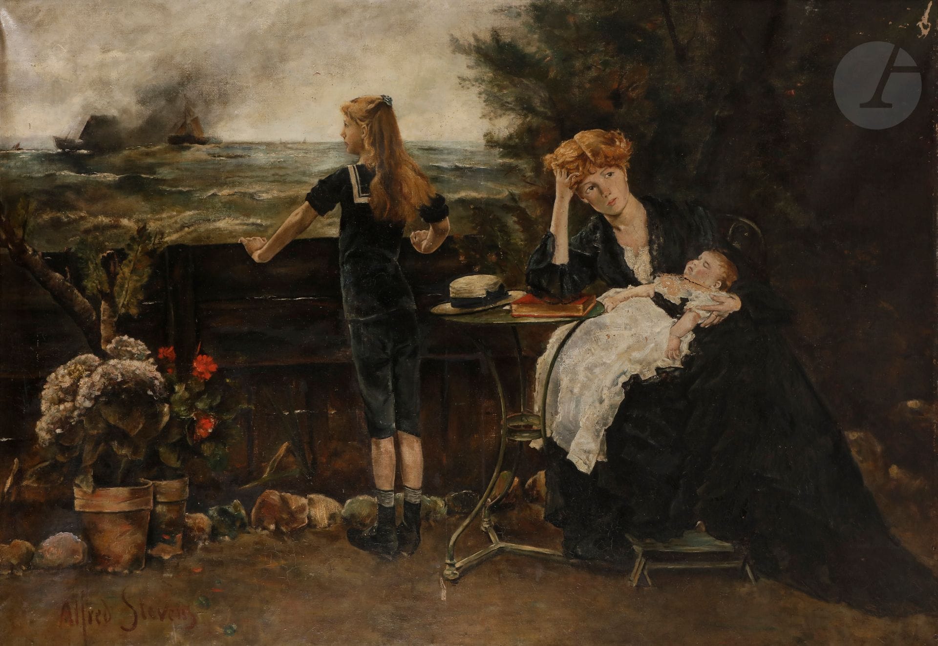 D'après Alfred STEVENS
La Veuve et ses enfants, [1883]
Huile sur toile.
Porte une signature en bas à gauche.
(Accidents et restaurations).
102 x 147 cm