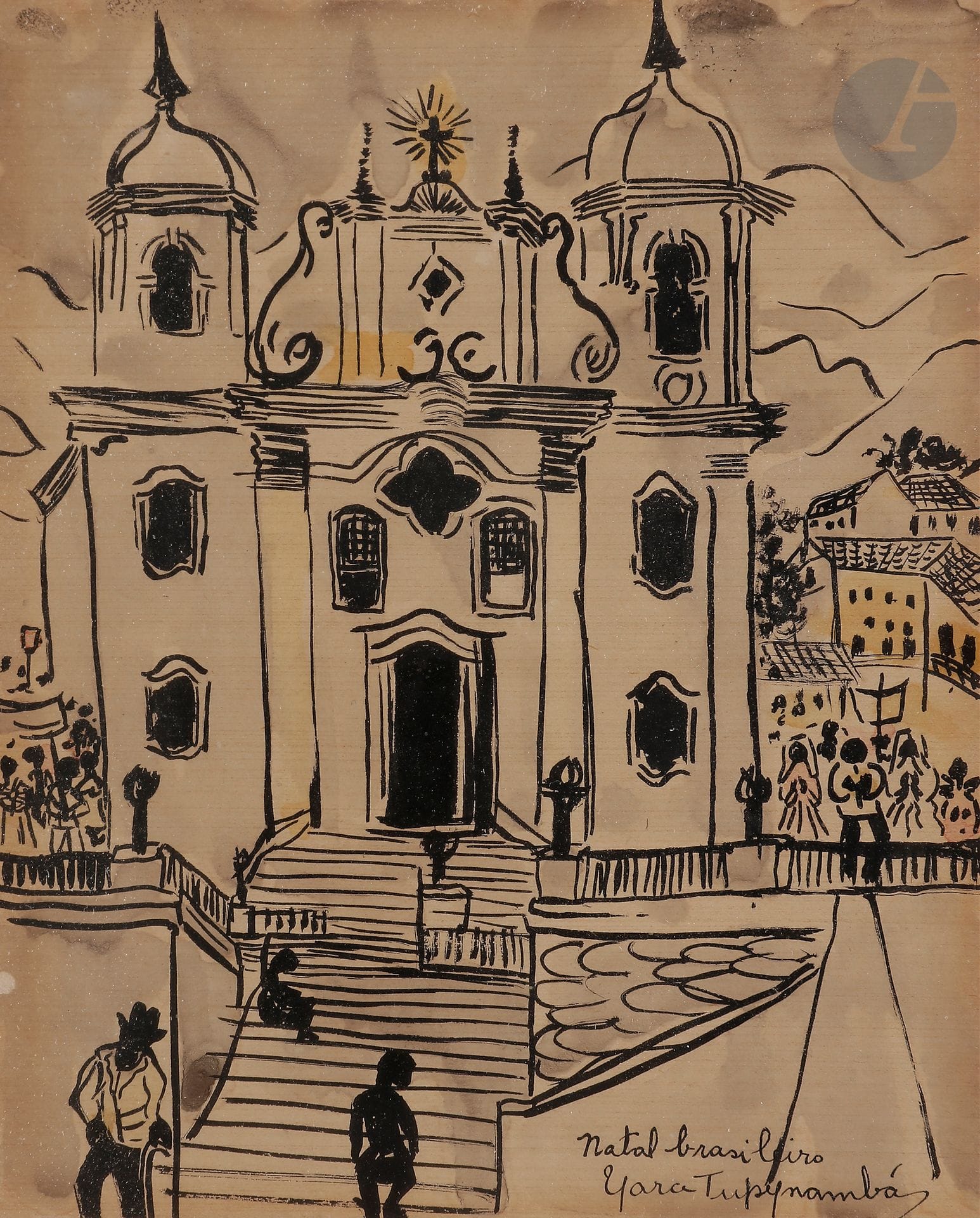 Yara TUPINAMBÁ (né en 1932)
Natal brasileiro ou l'église Nossa Senhora do Carmo à Ouro Preto, 1962
Encre et lavis d'encre.
Signée et titrée en bas à droite.
18 x 14 cm