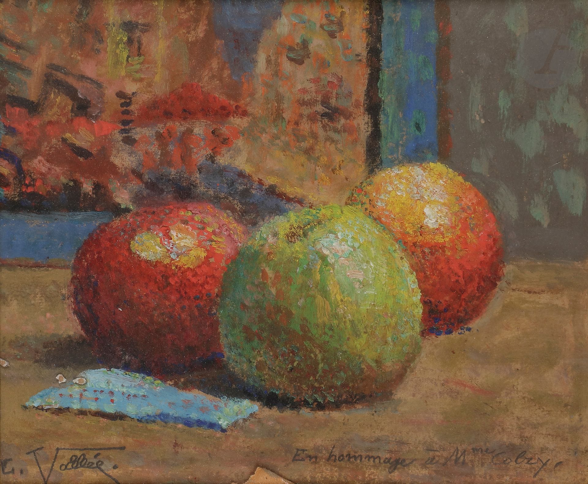 Ludovic VALLÉE (1864-1939)
Nature morte aux pommes
Huile sur carton.
Signée en bas à gauche.
Dédicacée en bas à droite.
16,5 x 20 cm

Provenance :
Collection Paule Cailac, Paris.