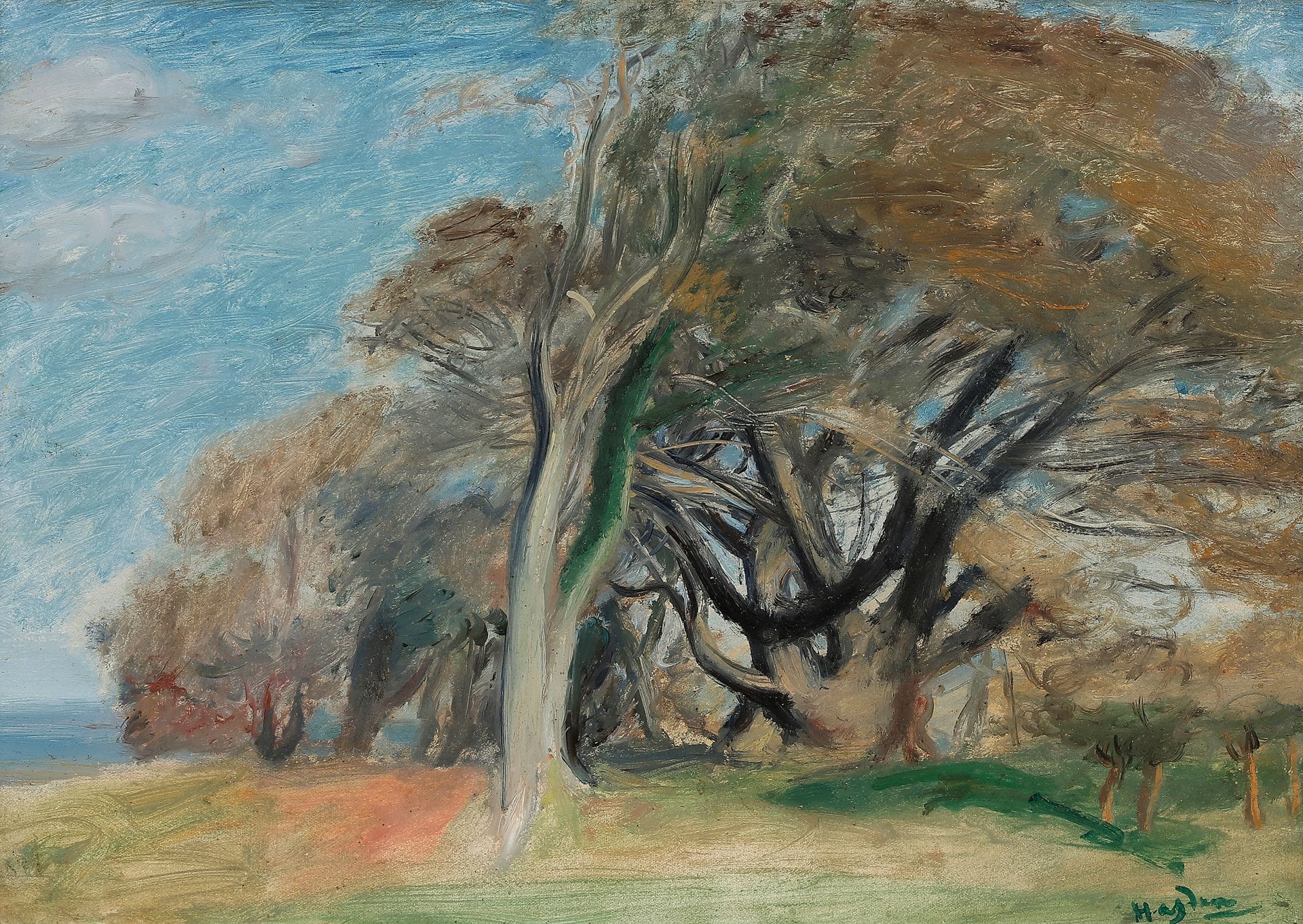 Henri HAYDEN (1883-1970)
La Hague, vent dans les arbres
Huile sur toile sur papier contrecollé sur toile.
Signée en bas à droite.
Signée et située au dos sur le châssis.
33 x 46 cm