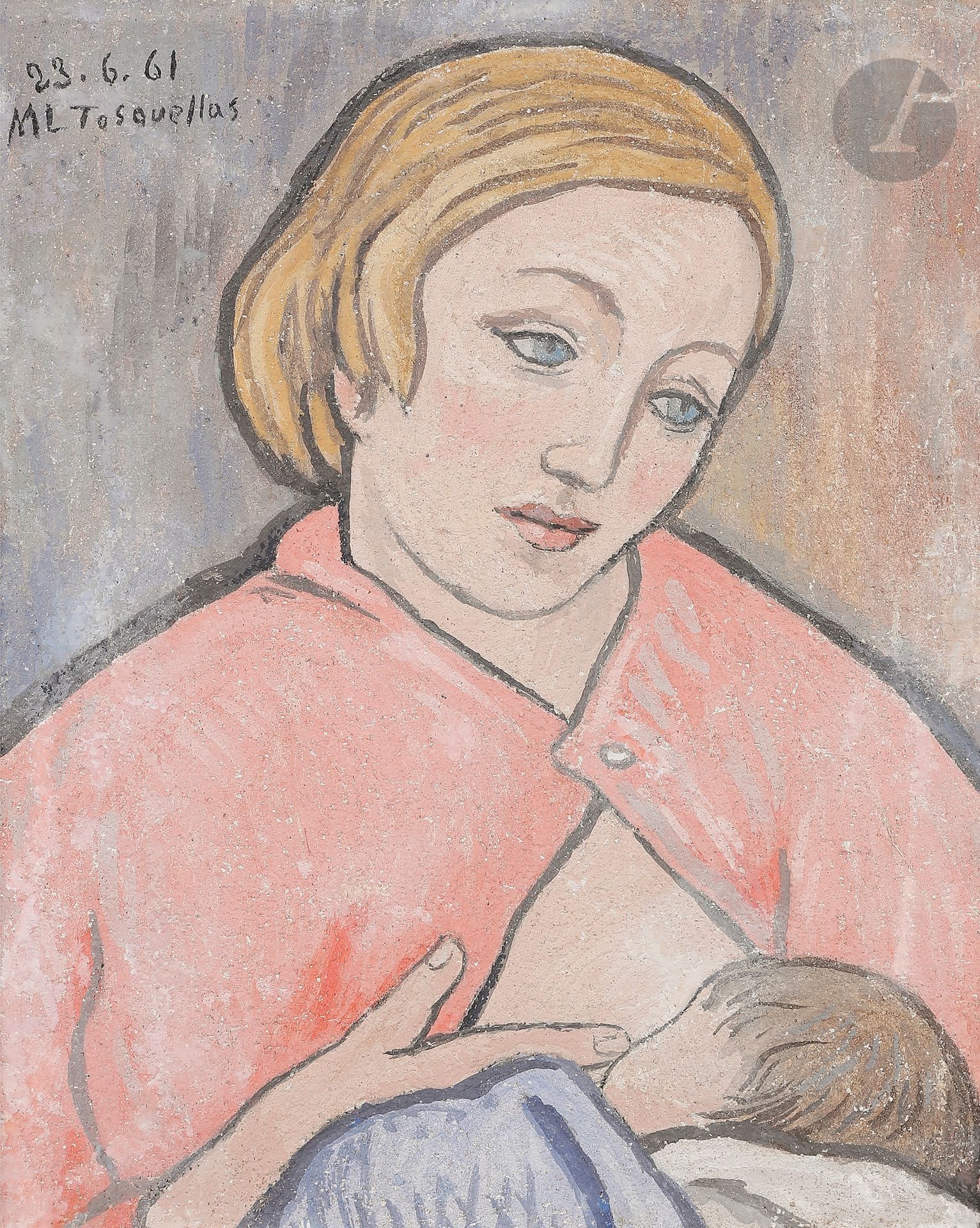 Miguel TUSQUELLAS CORBELLA (1884-1969)
Jeune femme allaitant - Jeune fille au verre, 1961 et 1969
2 huiles sur panneau enduit ou fresque.
Signées et datées.
(Restaurations).
41 x 33 cm et 35 x 27 cm

Exposition : 
Salon des Indépendants, 1967, section Réalistes (étiquette au dos du premier).