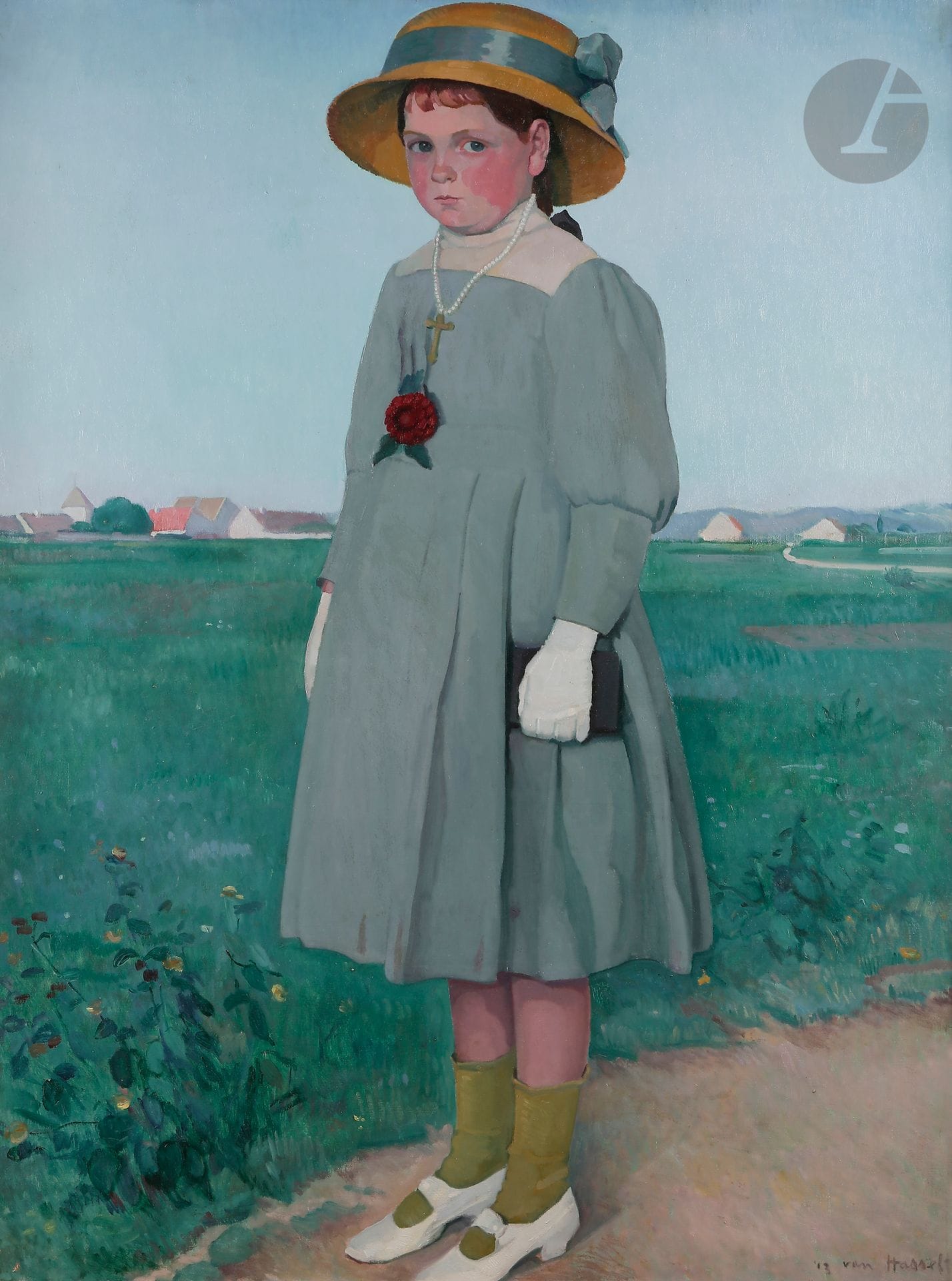 Willem VAN HASSELT (1882-1963)
La Fillette au dahlia, 1913
Huile sur toile.
Signée et datée en bas à droite.
(Petites restaurations).
130 x 97 cm

Provenance : 
- Vente Maître Robert, Paris, 13 mars 1967, n° 39. (Première vente d'atelier de l'artiste, reproduction en couverture du catalogue).
- Vente Maître Dupuy, Honfleur, 24 août 2008, n°88. Acquis par l'actuel propriétaire lors de cette vente.

Exposition : 
- 30 ans de peinture, Œuvres de Van Hasselt, Paris, galerie Berri-Raspail, 24 octobre-15 novembre 1942, cat. n° 4.
- Van Hasselt, Œuvres anciennes et récentes, Paris, galerie Beaux-Arts, 14-29 novembre 1952, cat. n° 5.
- Exposition Georges Cheyssial, Alfred Giess, Willem Van Hasselt, peintres, Paul Niclausse, sculpteur, Paris, musée Galliera, 4-20 novembre 1966, cat. n° 68 (reproduction).

Van Hasselt a conservé cette toile toute sa vie, au côté de L'Enfant au lapin de 1911 (collection privée).
 Nous remercions Madame Christel Haffner Lance pour les informations qu'elle nous a transmises.