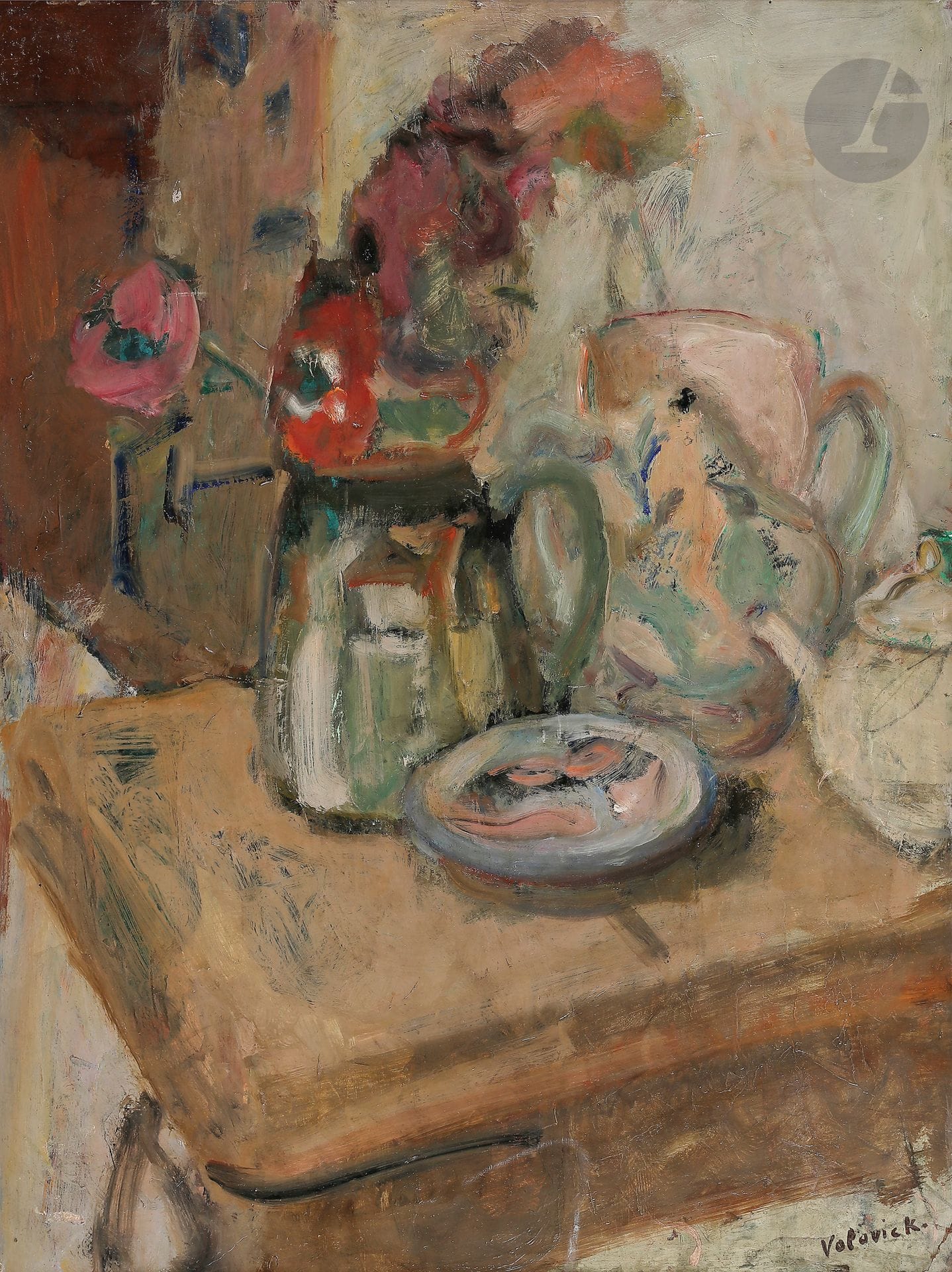 Lazare VOLOVICK (1902-1977)
Nature morte
Huile sur carton.
Signée en bas à droite.
(Petites cassures dans les angles inférieurs).
65 x 50 cm