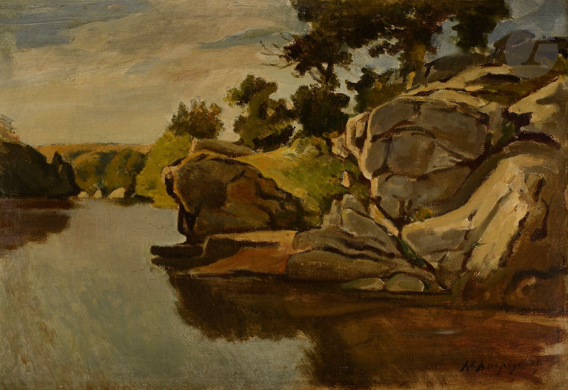 Henri Joseph HARPIGNIES (1819-1916)
Le Saut du Loup, près Hérisson, vers 1869
Huile sur toile.
Signée en bas à droite.
(Petite restauration).
25 x 35 cm

Œuvre en rapport : Bords de l'Aumance, 1874, conservé à Besançon, Musée des Beaux-Arts et d'Archéologie, inv. D.875.2.4.
L'artiste représente les bords de la rivière Aumance qui passe à Hérisson et qu'il appréciait tout particulièrement. Harpignies y résidera pendant 9 ans.
 Nous remercions Monsieur Jean-Pierre Cappoen pour les informations qu'il nous a transmises