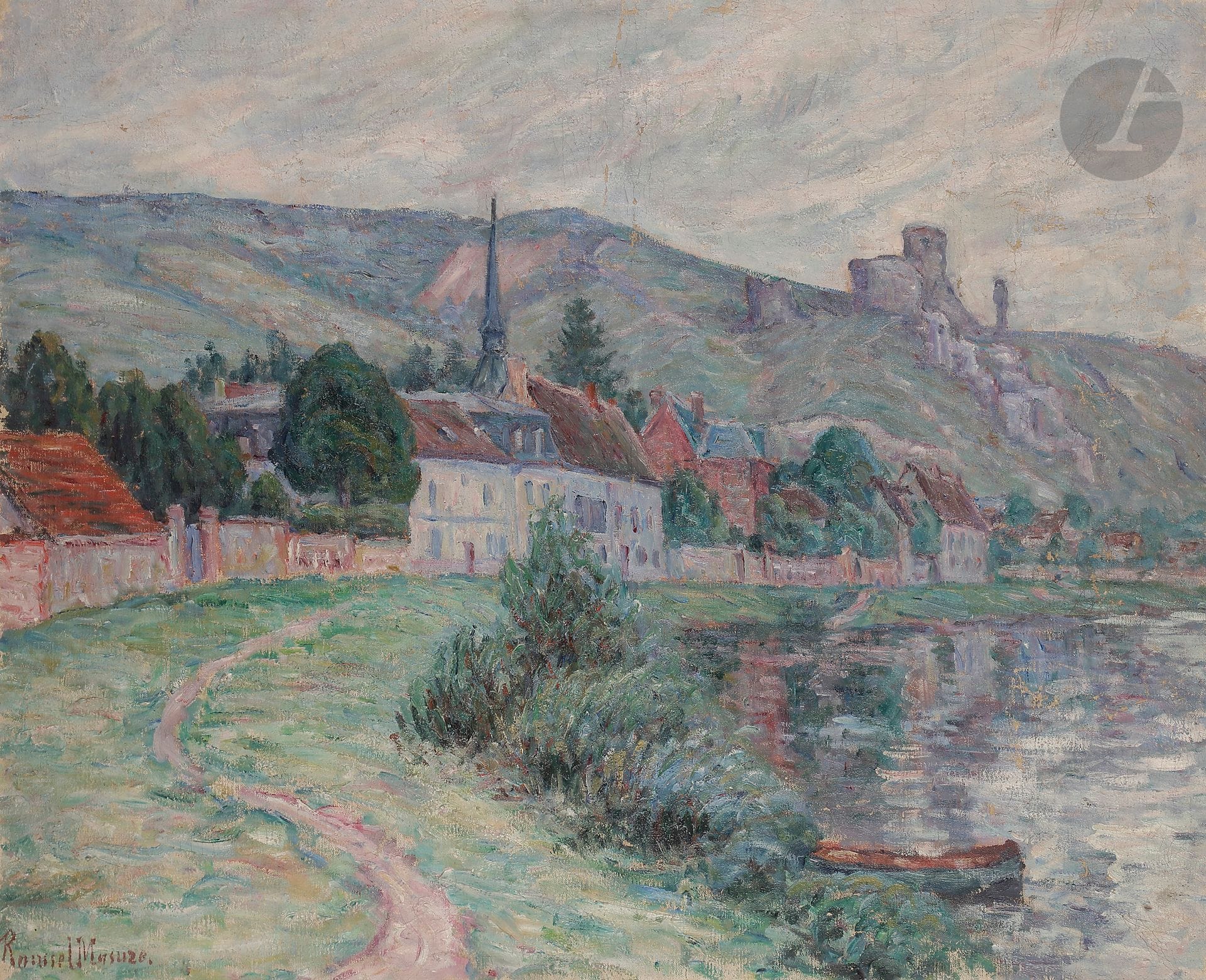 Henri ROUSSEL-MASURE (1863-1919)
La Seine aux Andelys
Huile sur toile.
Signée en bas à gauche.
(Manques).
60 x 73 cm
