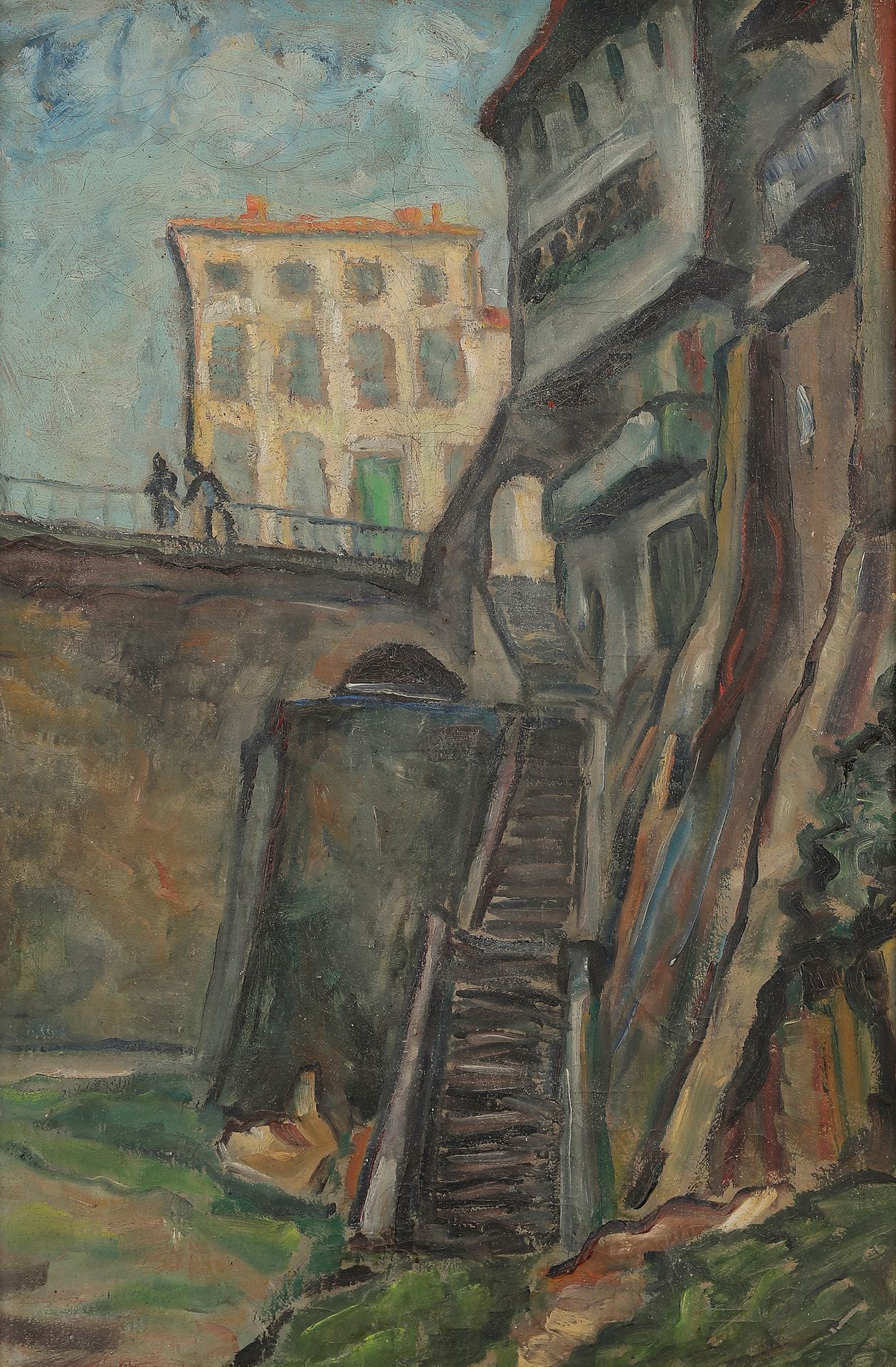 Josep GAUSACHS ARMENGOL (1889-1959)
Vieil escalier, Villeneuve-sur-Lot
Huile sur toile.
Signée au dos.
55 x 38 cm