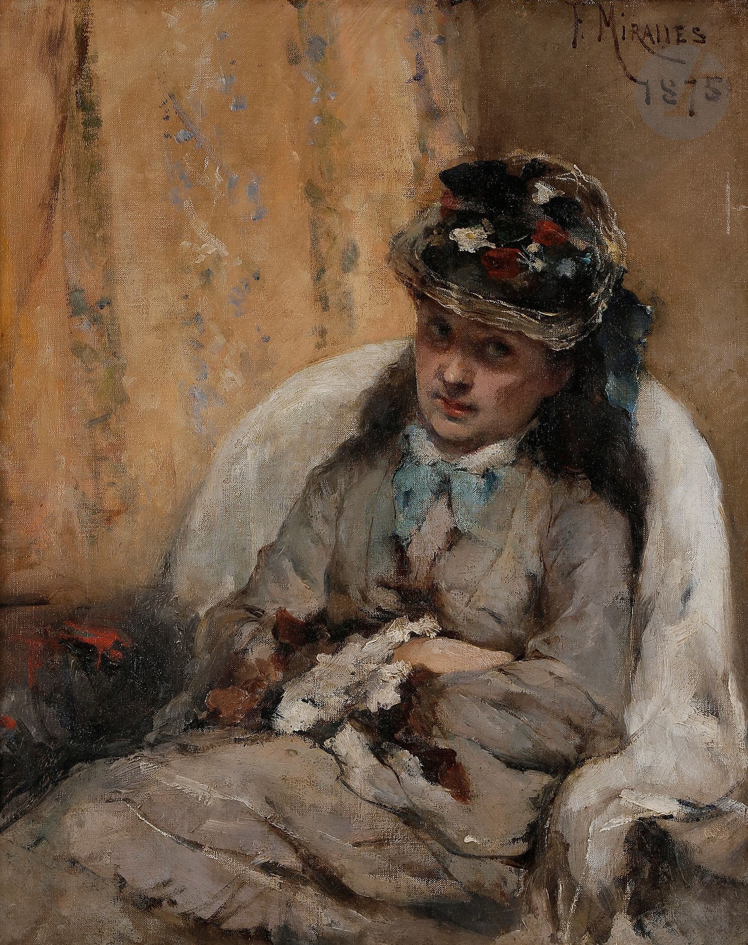 Francisco MIRALLES Y GALUP (1848-1901)
Femme assise au chapeau, 1875
Huile sur panneau.
Signée et datée en haut à droite.
41 x 33 cm